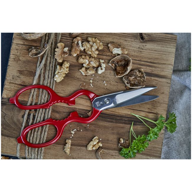 Essential Kitchen Shears Collection displayed on a wooden surface with walnuts and herbs.