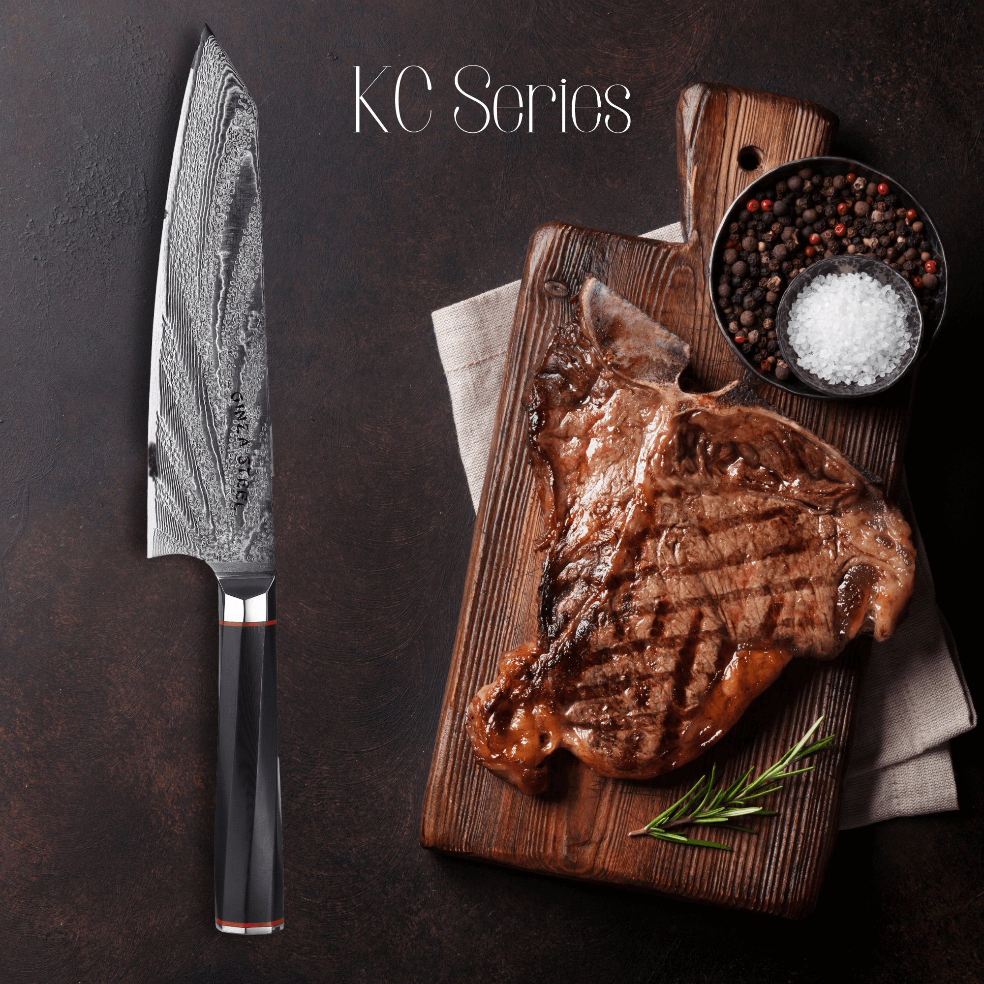 Ginza Steel KC Series Damascus Steel Kitchen Knives on a wooden cutting board with grilled steak and spices