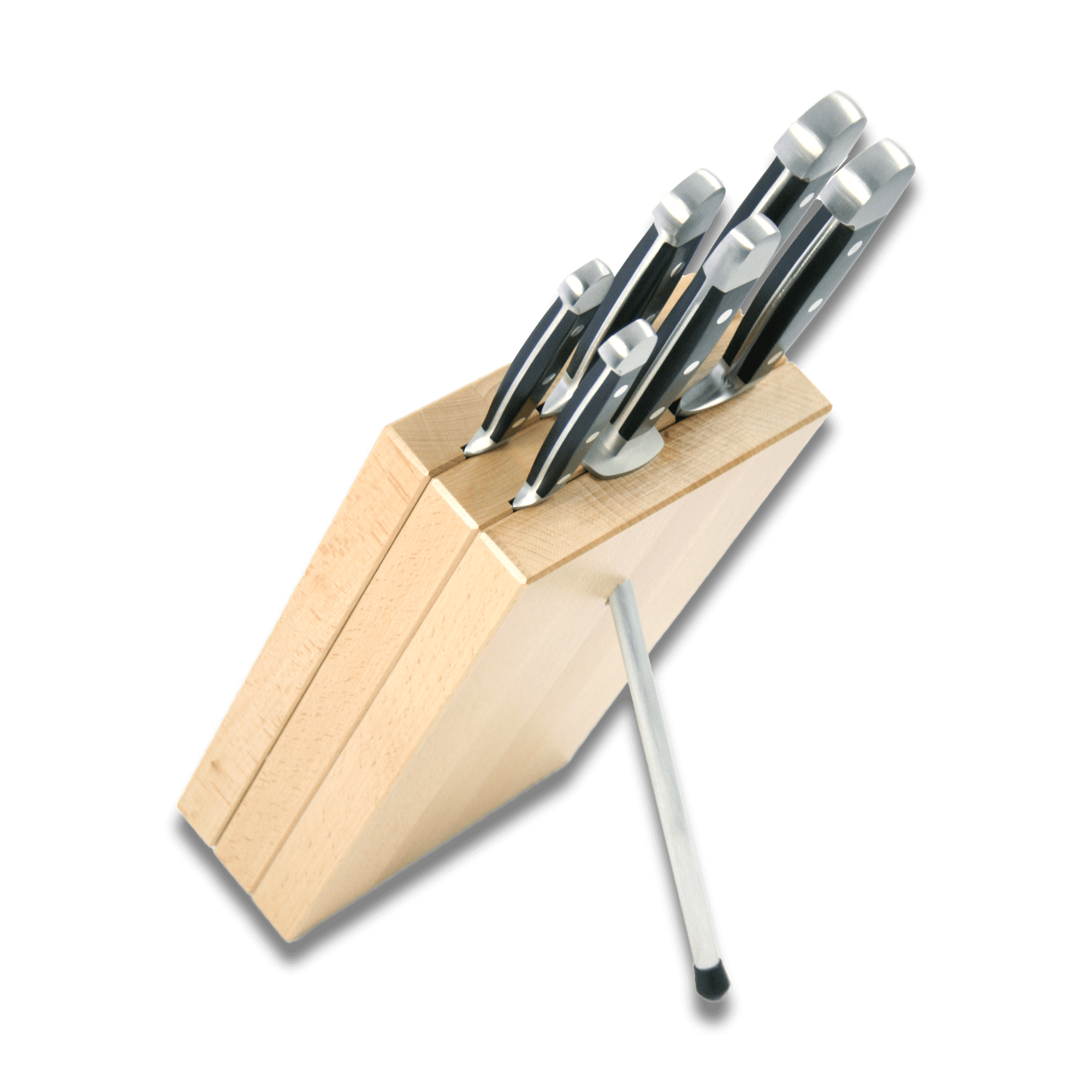 Knife Block featuring premium wood construction with stylish metal knives for organized kitchen storage.