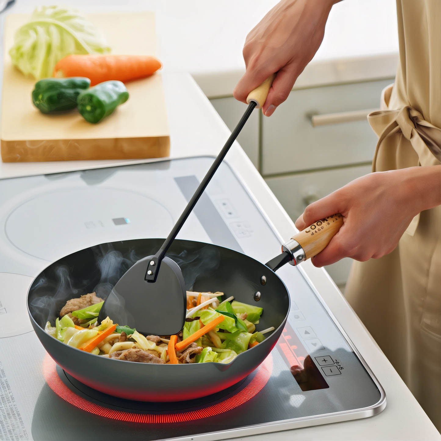 Cooking vegetables in a Yoshikawa Cook-Pal Ren pan on an induction stove, showcasing Japanese craftsmanship.