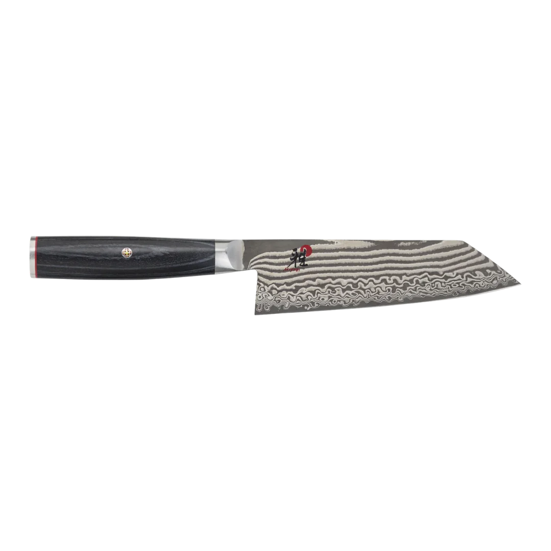 Miyabi Kaizen II 5000FCD 7-inch Bunka knife – Japanese Damascus Steel with black handle and intricate blade pattern.