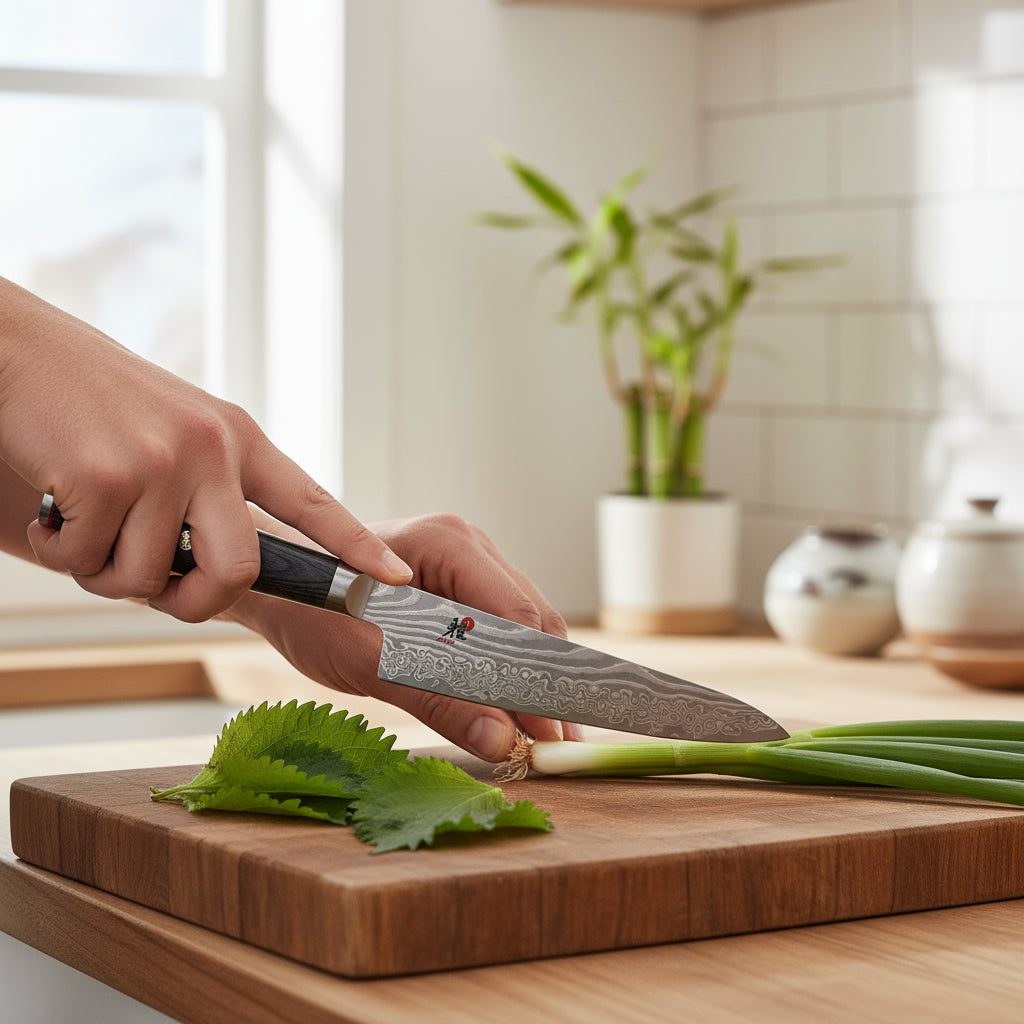 Chef's knife with a black handle and silver blade on a white background