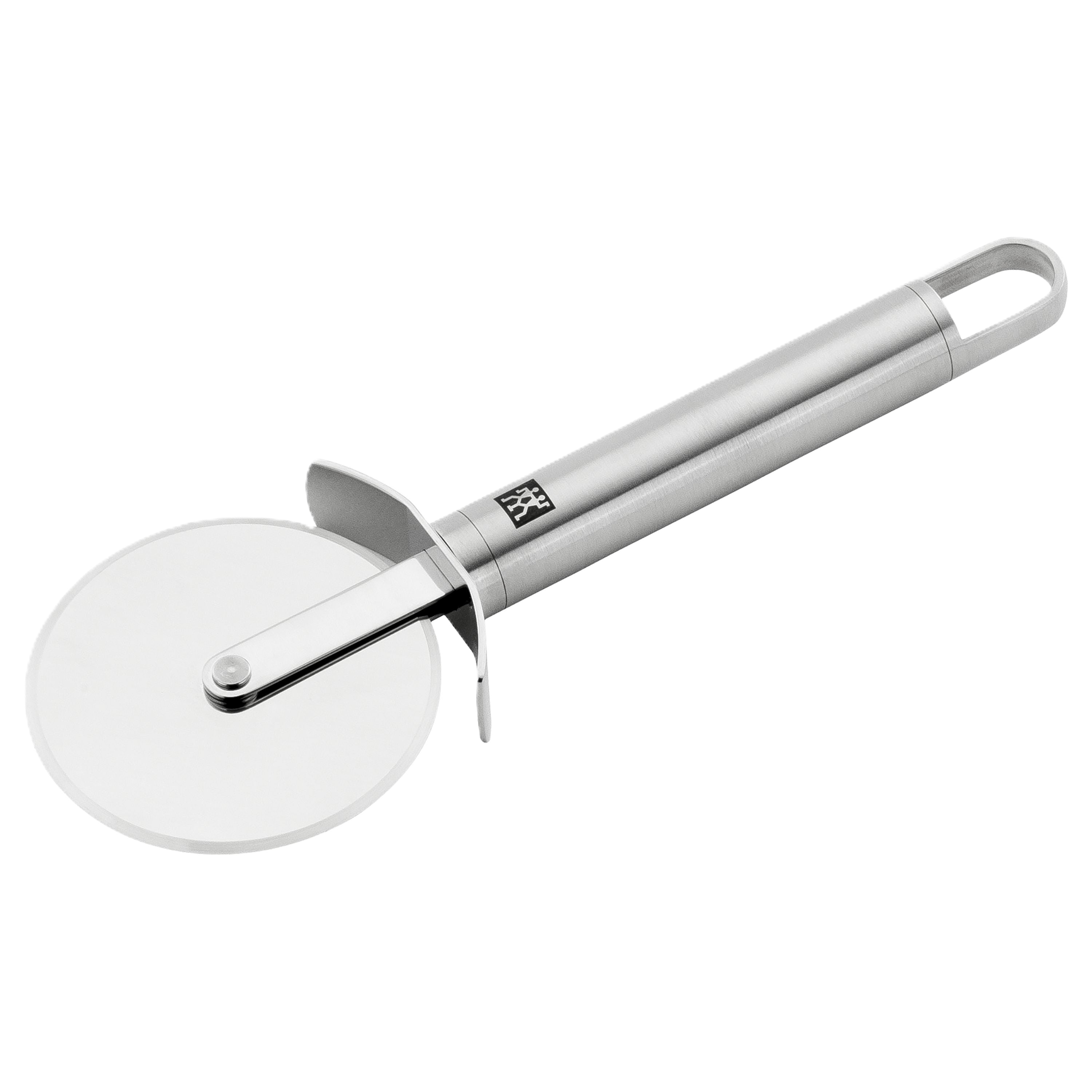 Stainless steel pizza cutter on a white background