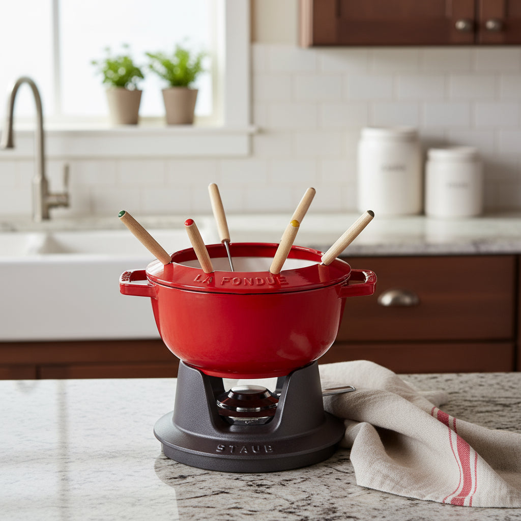 staub specialities cast iron fondue set, cherry red