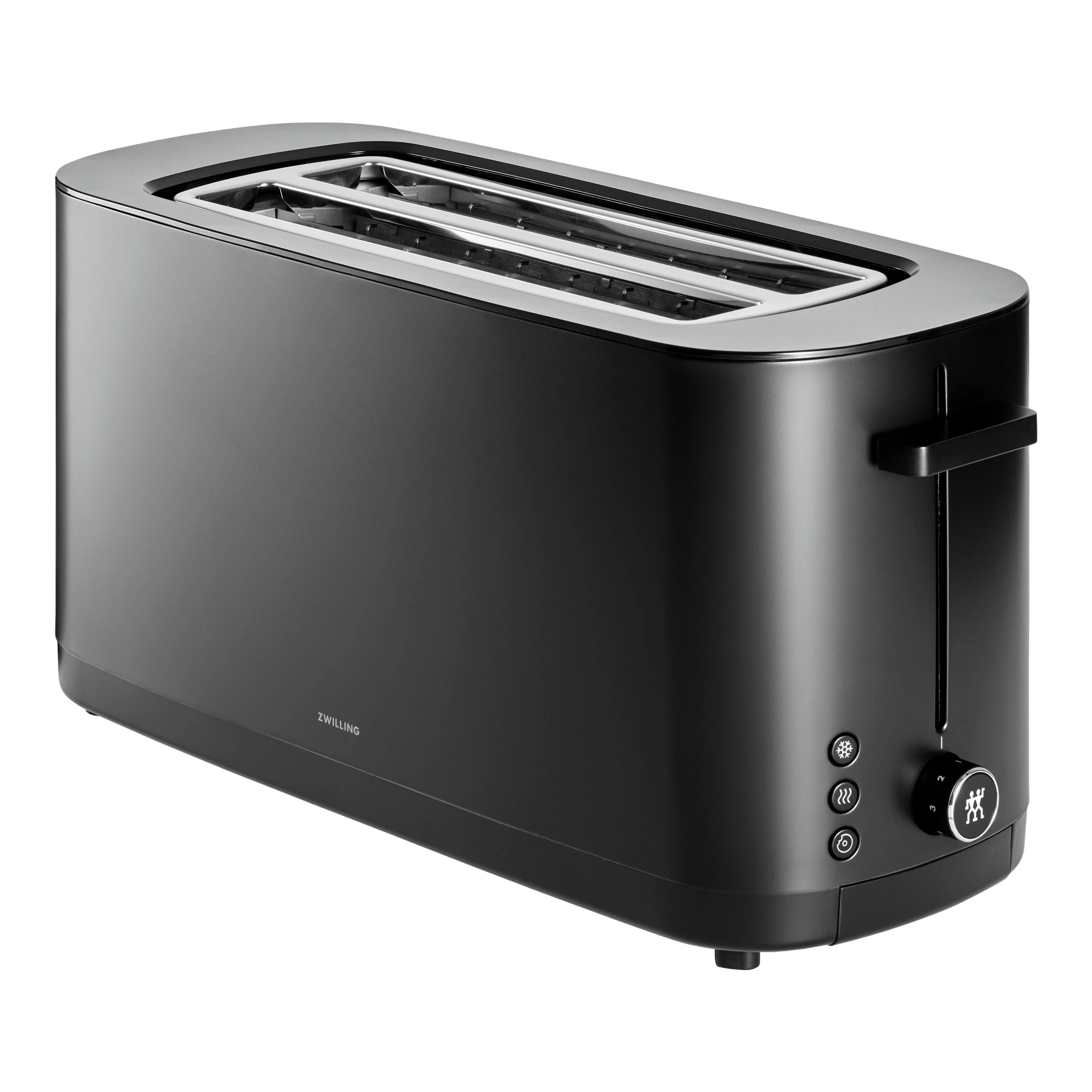 Black toaster with silver accents on a white background