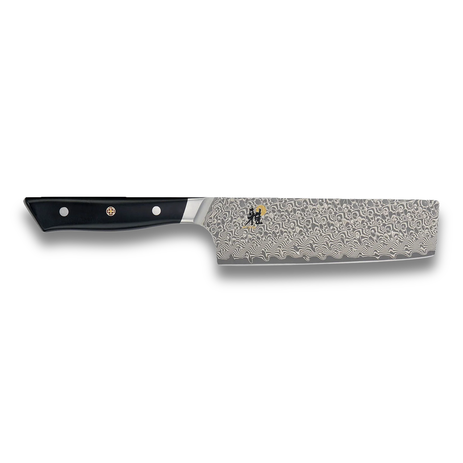 Miyabi Hibana 800DP 6.5” Nakiri Knife - Damascus Steel with intricate blade design and black handle.