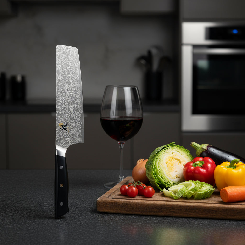 Miyabi Hibana 800DP 6.5” Nakiri Knife - Damascus Steel next to fresh vegetables and a glass of red wine.