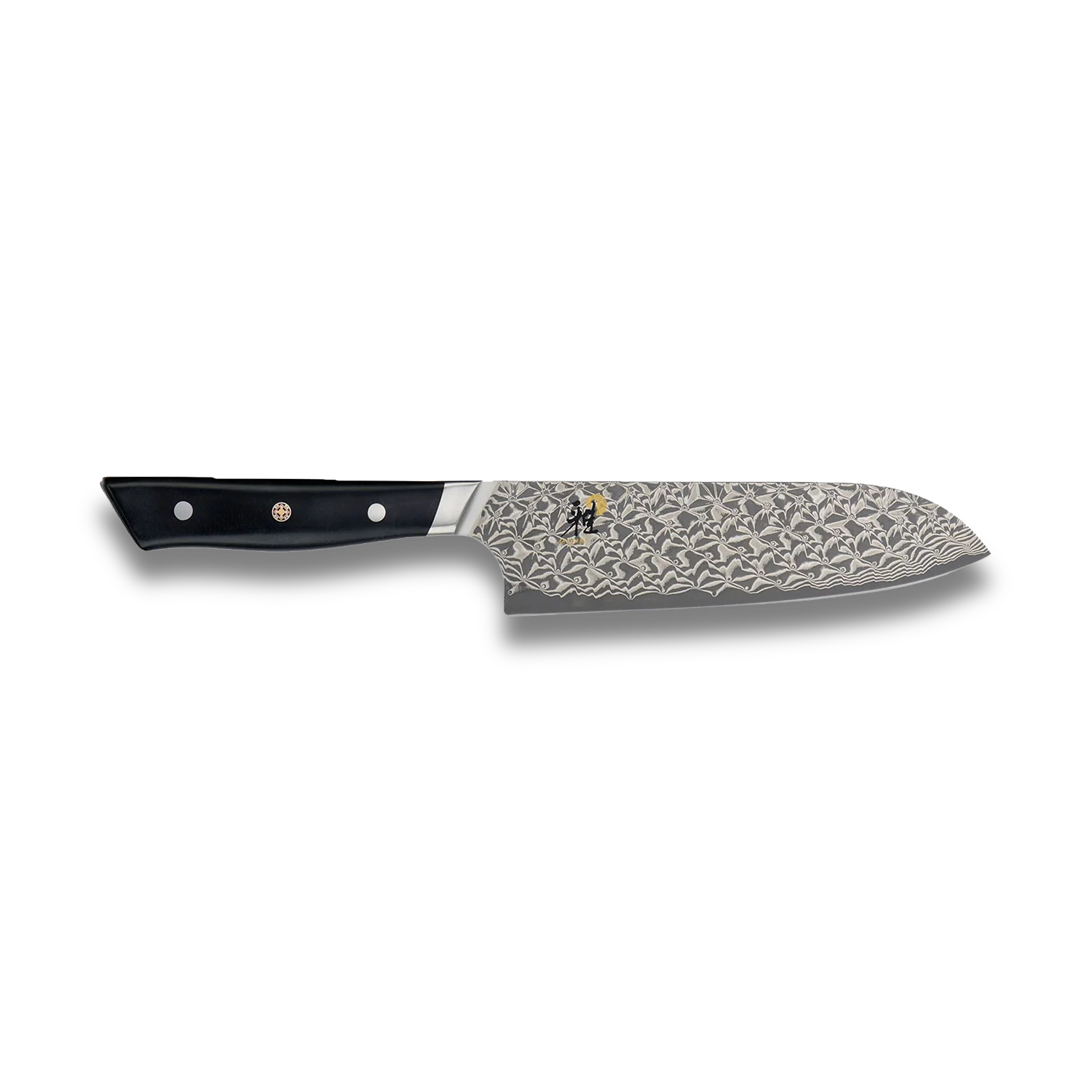 Miyabi Hibana 800DP 7-inch Santoku Damascus Steel kitchen knife with a patterned blade and black handle.