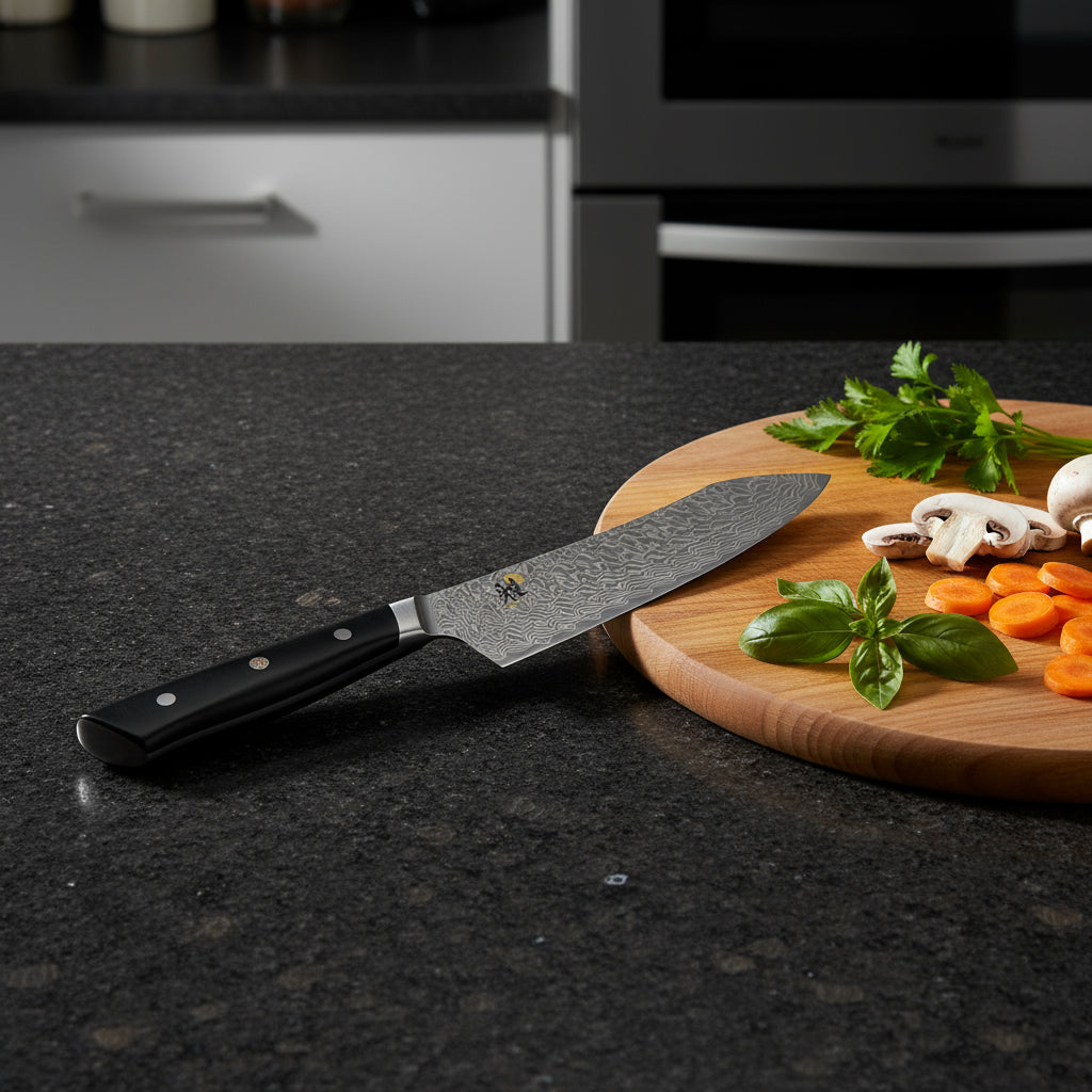 Miyabi Hibana 800DP 7” Rocking Santoku Knife - Damascus Steel on a kitchen countertop with fresh vegetables.
