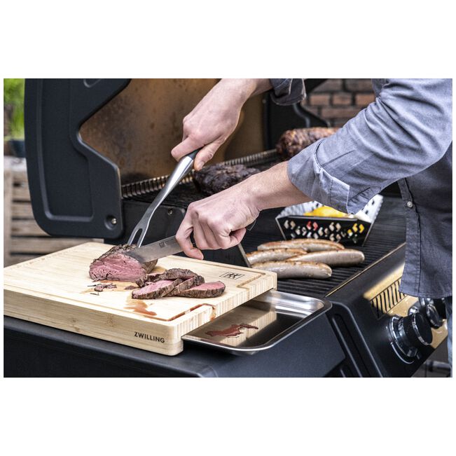 Zwilling BBQ+ Bamboo Cutting Board with Stainless Steel Tray, Juice Groove & Non-Slip Feet