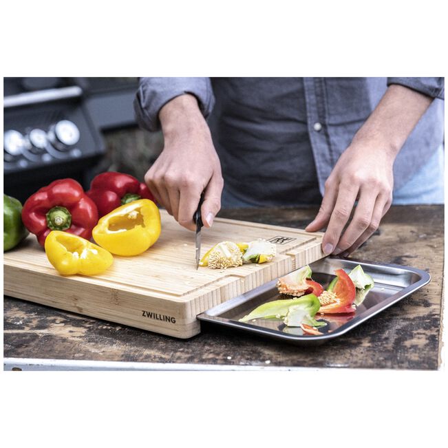 Zwilling BBQ+ Bamboo Cutting Board with Stainless Steel Tray, Juice Groove & Non-Slip Feet
