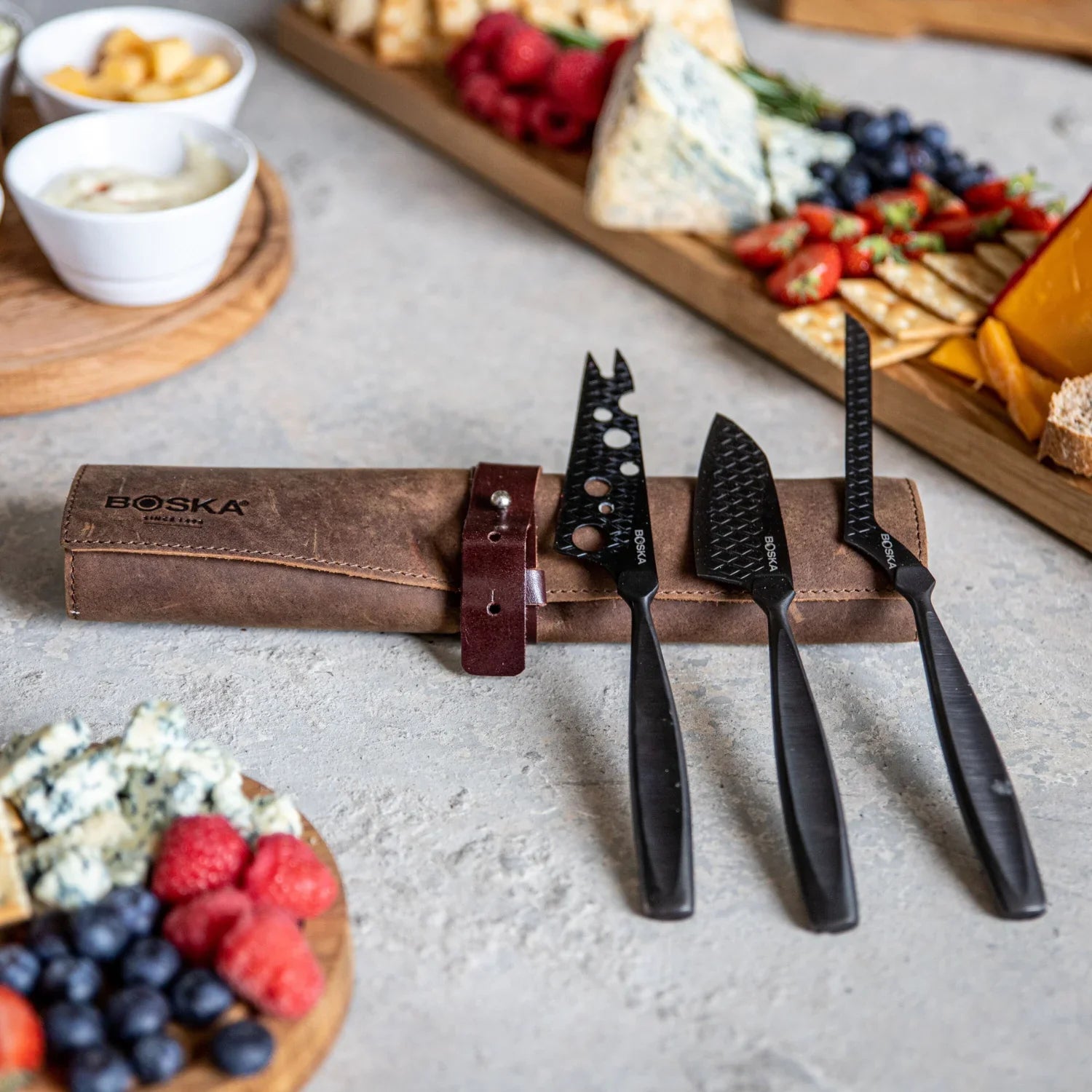 BOSKA Monaco+ 3-Piece Cheese Knife Set with Leather Roll