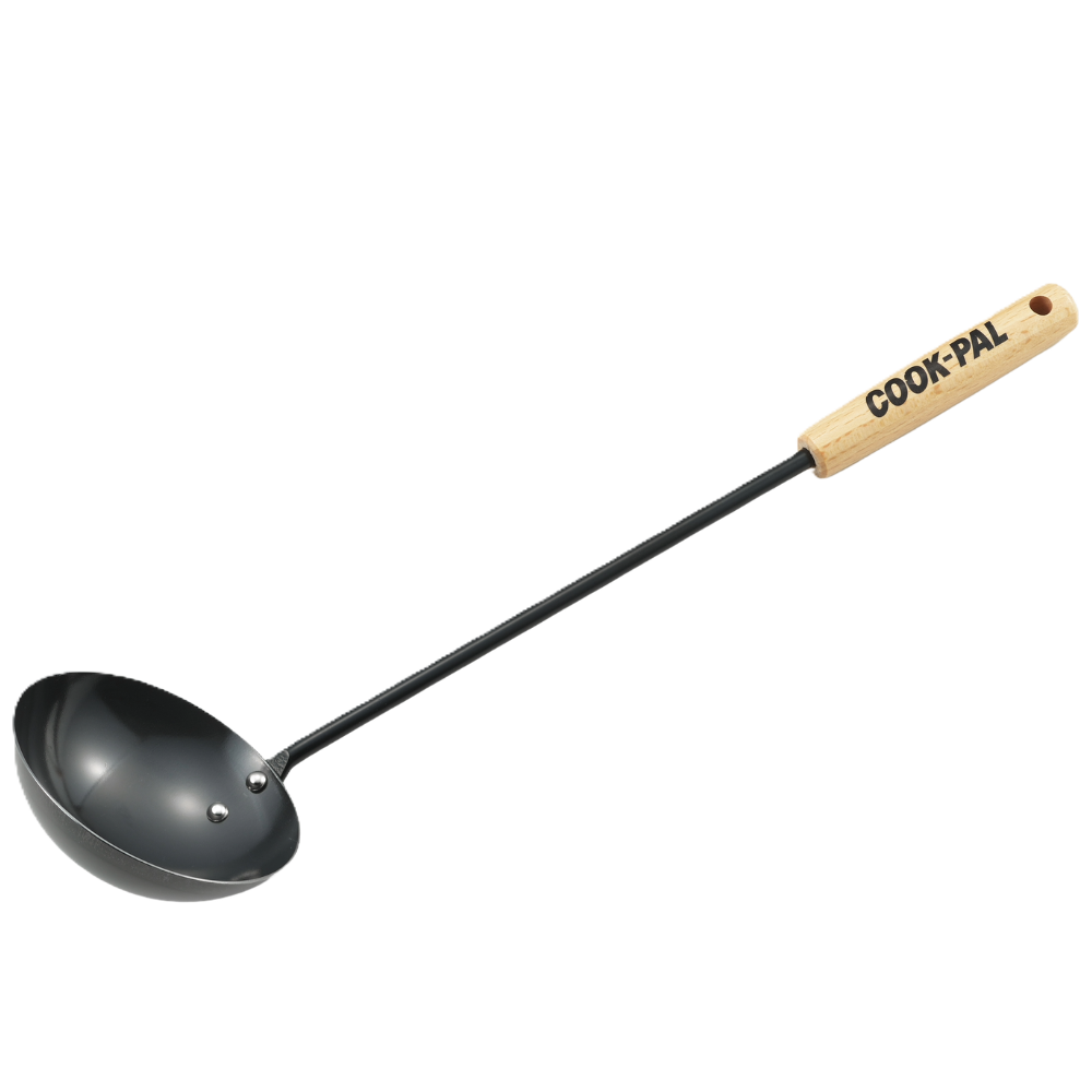 Black ladle with wooden handle labeled 'Cook-Pal' on a white background