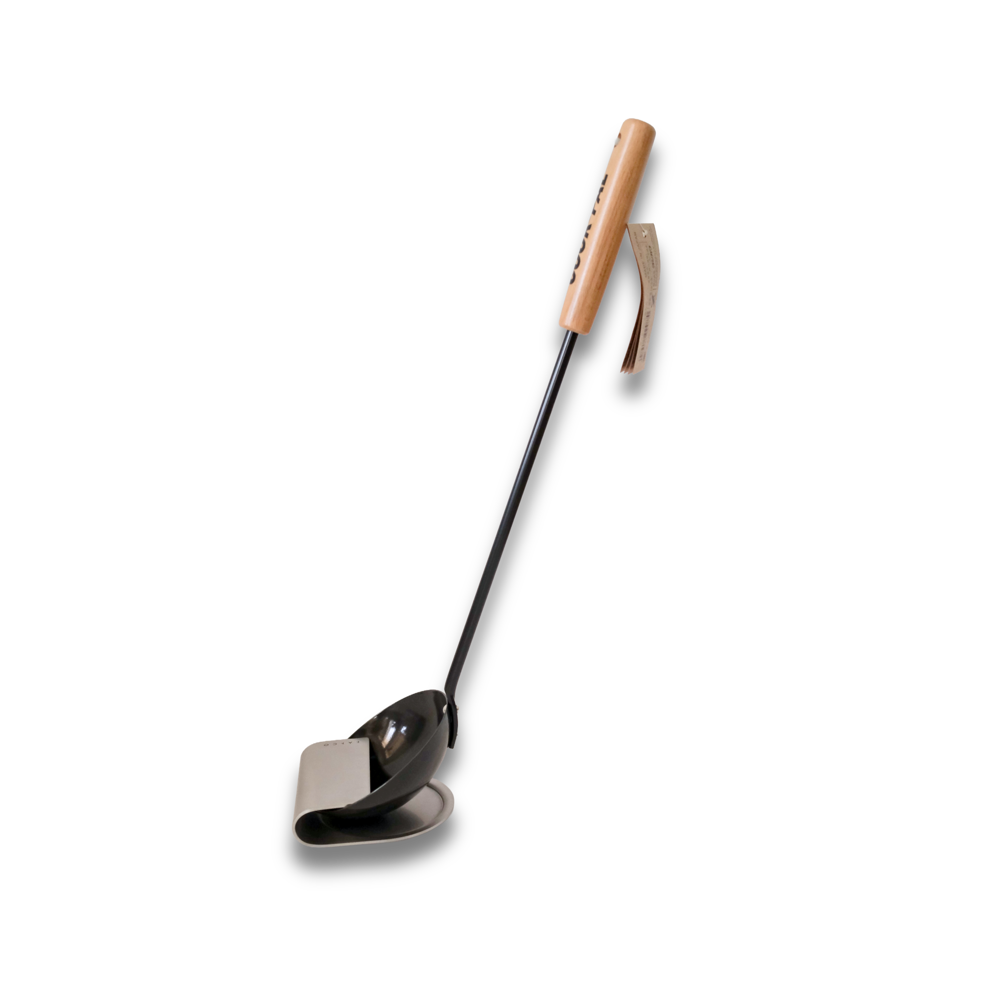 Yoshikawa Cook-pal Carbon Steel Wok Ladle with wooden handle and ladle stand.