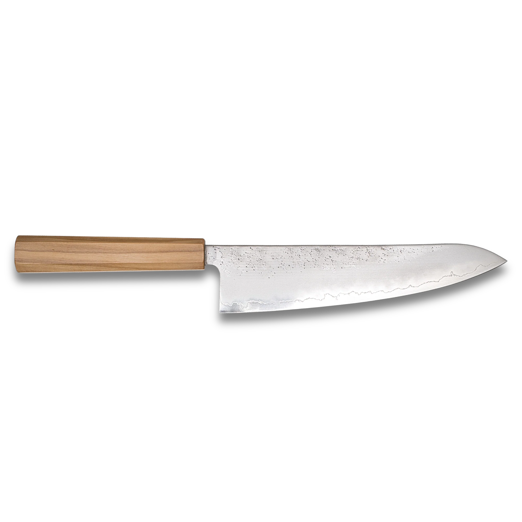 Ginrei Silver 3 Nashiji Gyuto Knife with olive wood handle, 210mm blade ideal for versatile kitchen tasks.