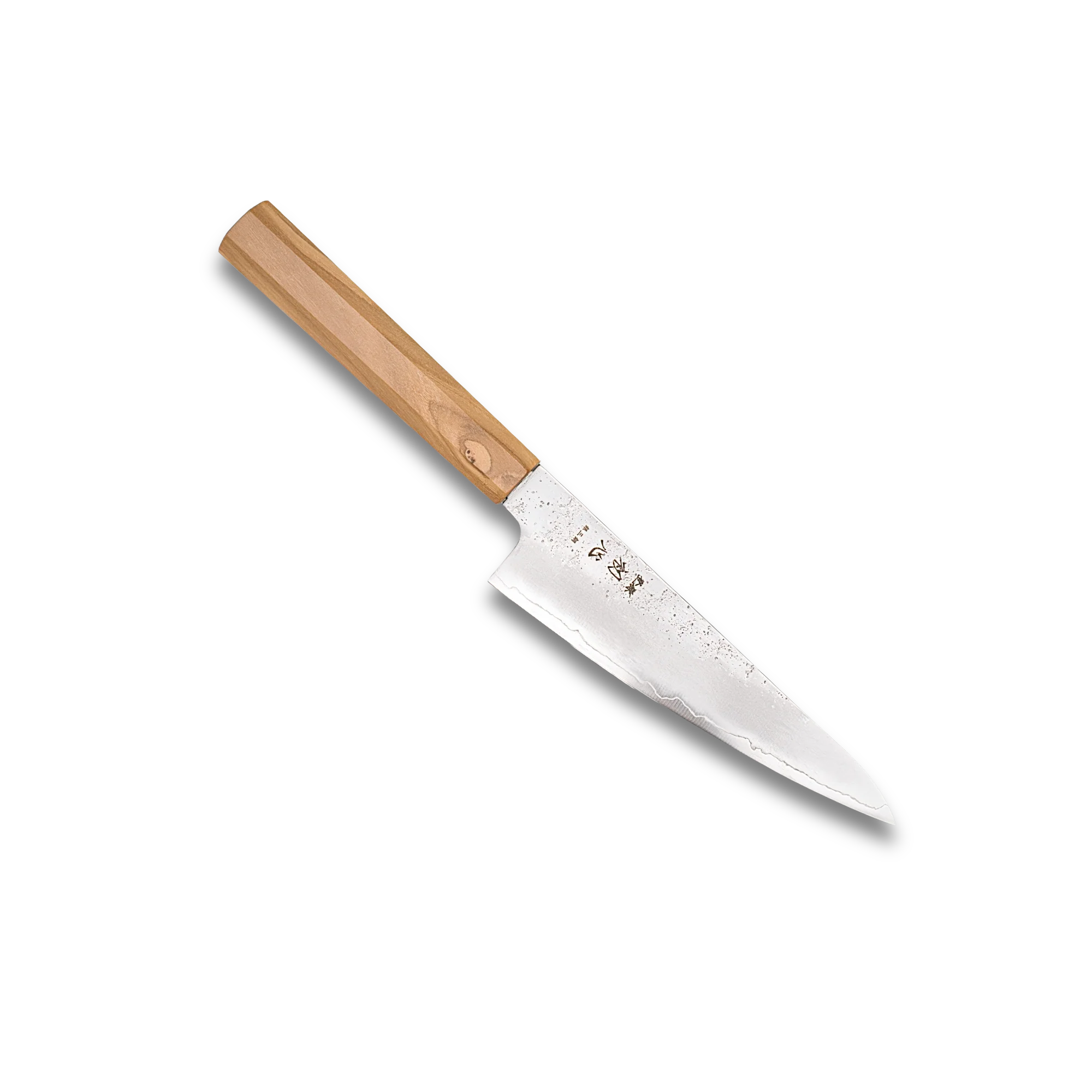 Ginrei Silver 3 Nashiji Kudamono Knife 150mm on a white background with an olive wood handle.
