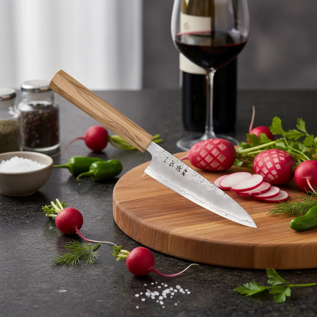 Ginrie Silver 3 Nashiji Petty Knife on a wooden cutting board with fresh vegetables and wine.