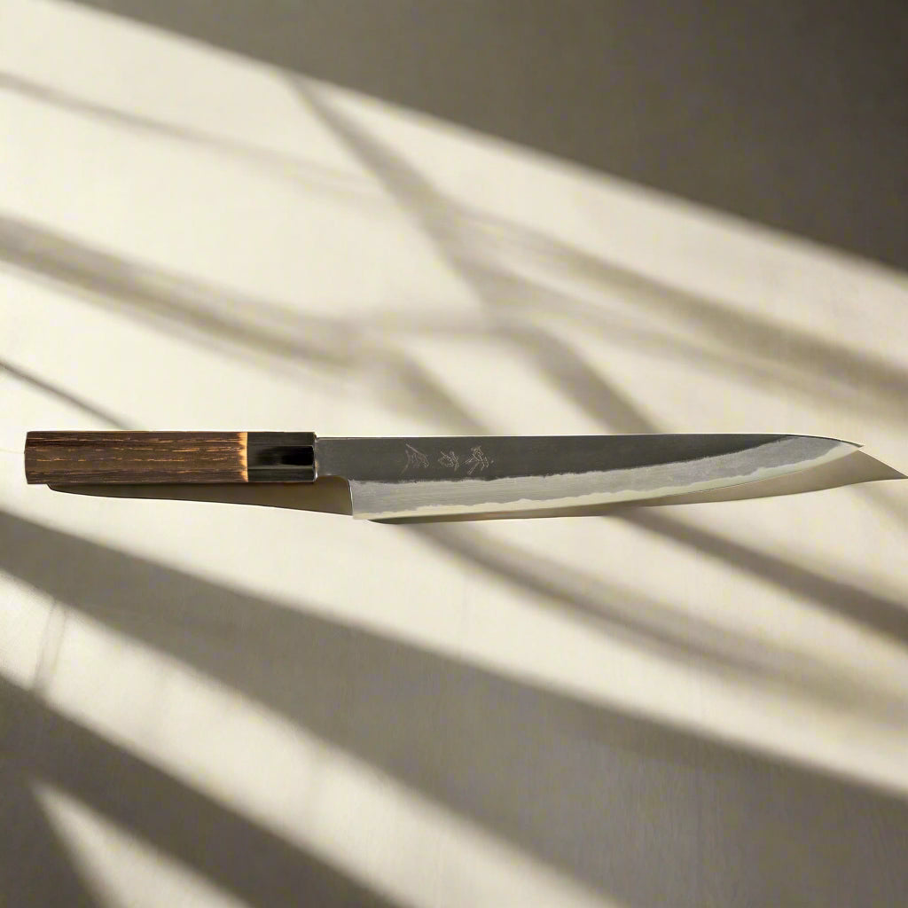 Hinoura Ajikataya 240mm Sujihiki Knife – White #2 Carbon Steel | Kurouchi Finish