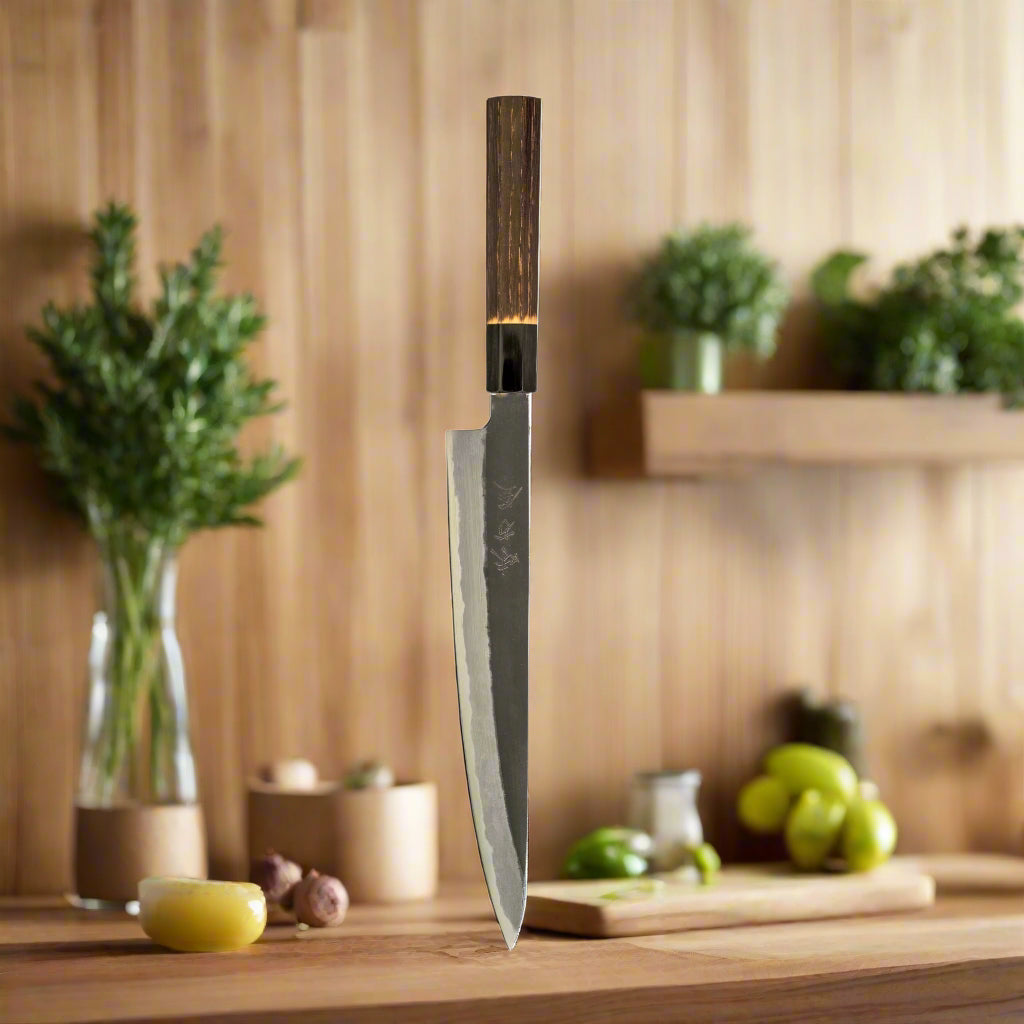 Hinoura Ajikataya 240mm Sujihiki Knife – White #2 Carbon Steel | Kurouchi Finish