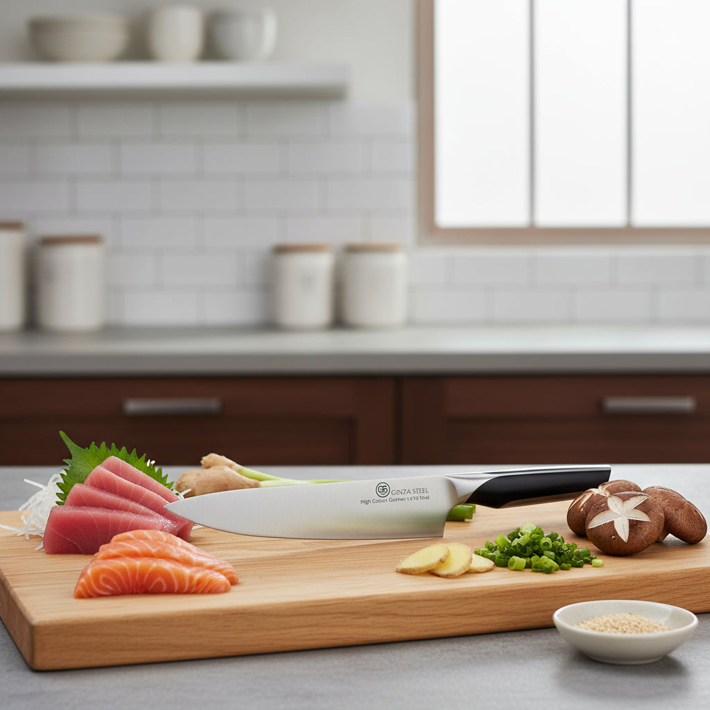 Küchen Series Schneide Chef Knife 210mm – German 1.4116 Steel Blade on cutting board with ingredients