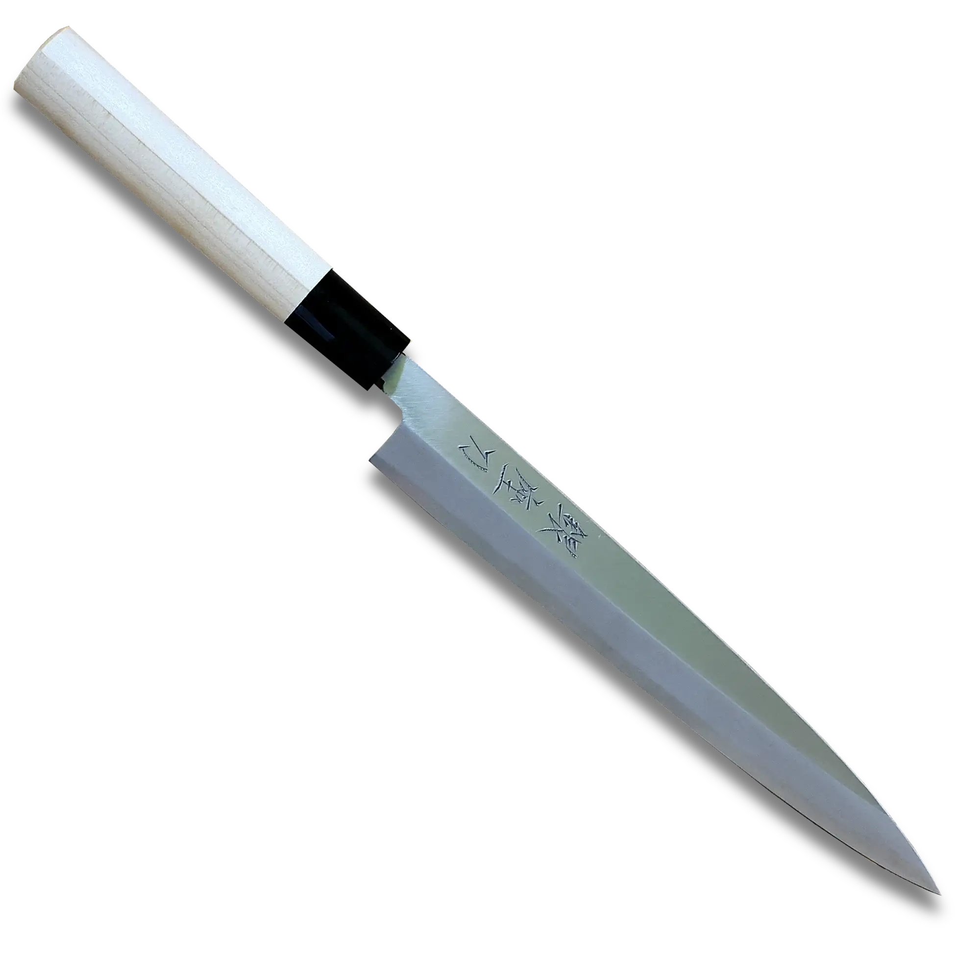 A Yanagiba knife with a 210mm carbon steel SK5 blade and a soft iron core, featuring a white handle and black accents near the tip.