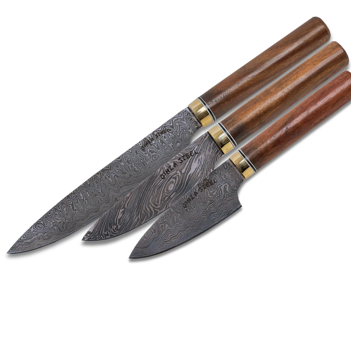 Sakura-II Damascus Steel Chef Knife set featuring three beautifully crafted knives with wooden handles.