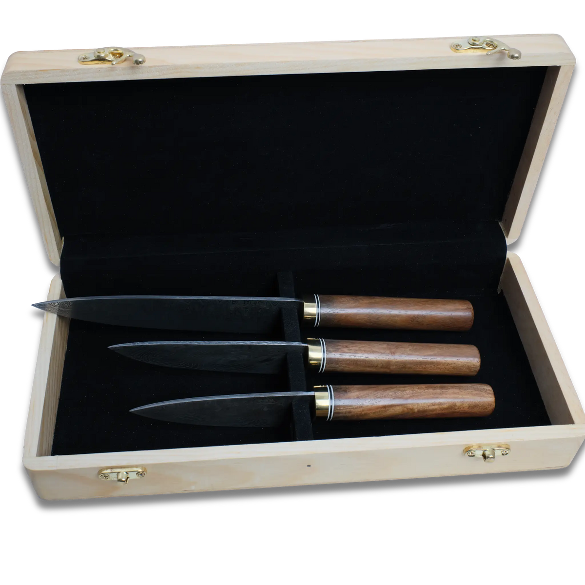 Sakura-II Damascus Steel Chef Knife set displayed in elegant wooden box with three knives and dark velvet lining.