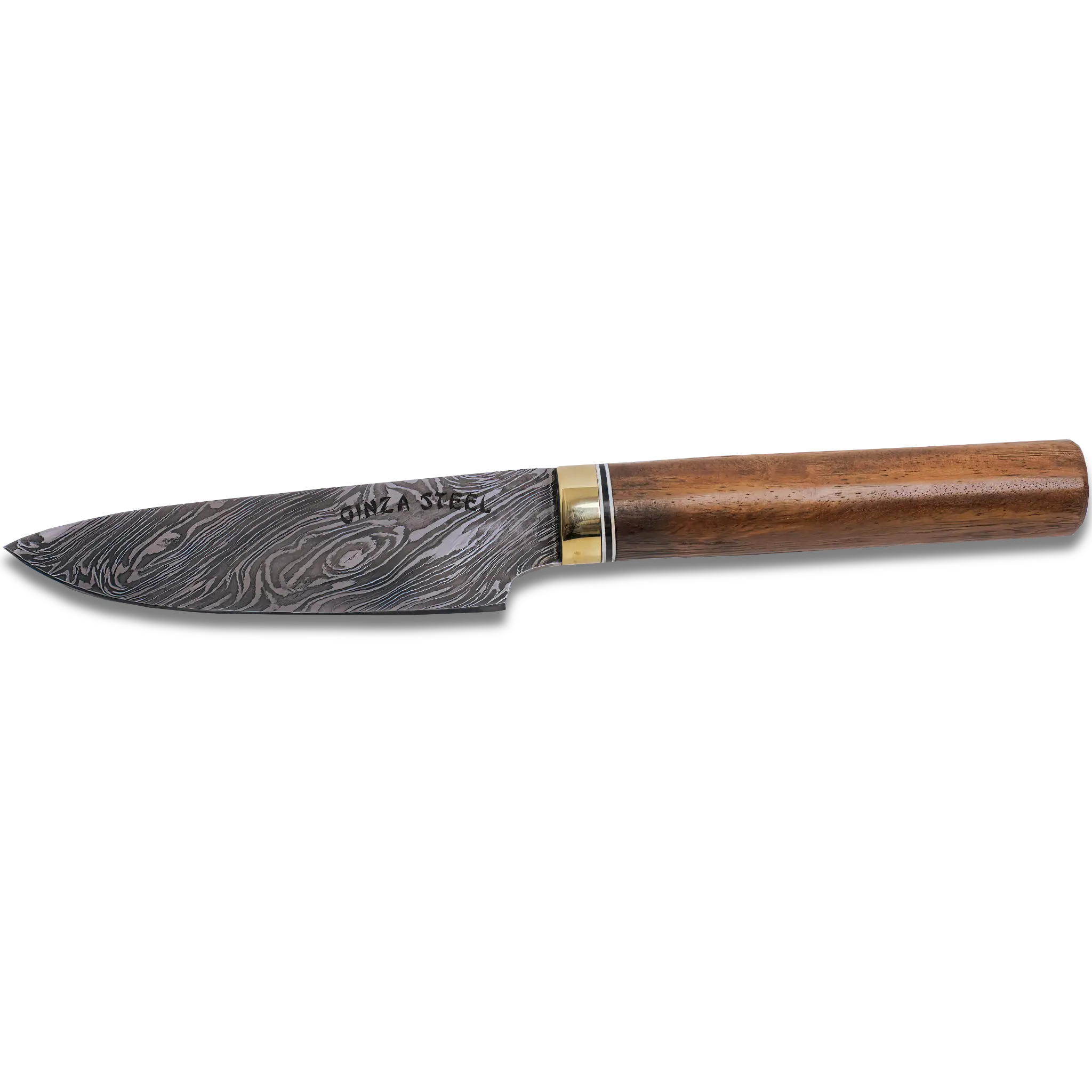 Sakura-II Damascus Steel Chef Knife set featuring a hand crafted knife with a wooden handle and patterned blade.