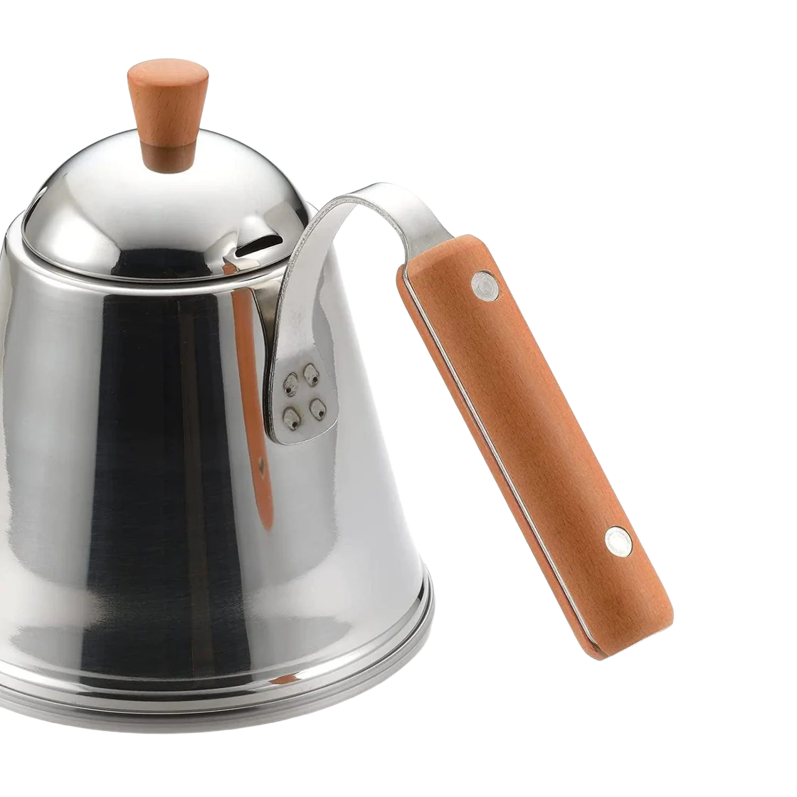Japanese pour-over coffee kettle with stainless steel body and wooden handle, Yoshikawa Café Time, crafted in Tsubame, Japan.