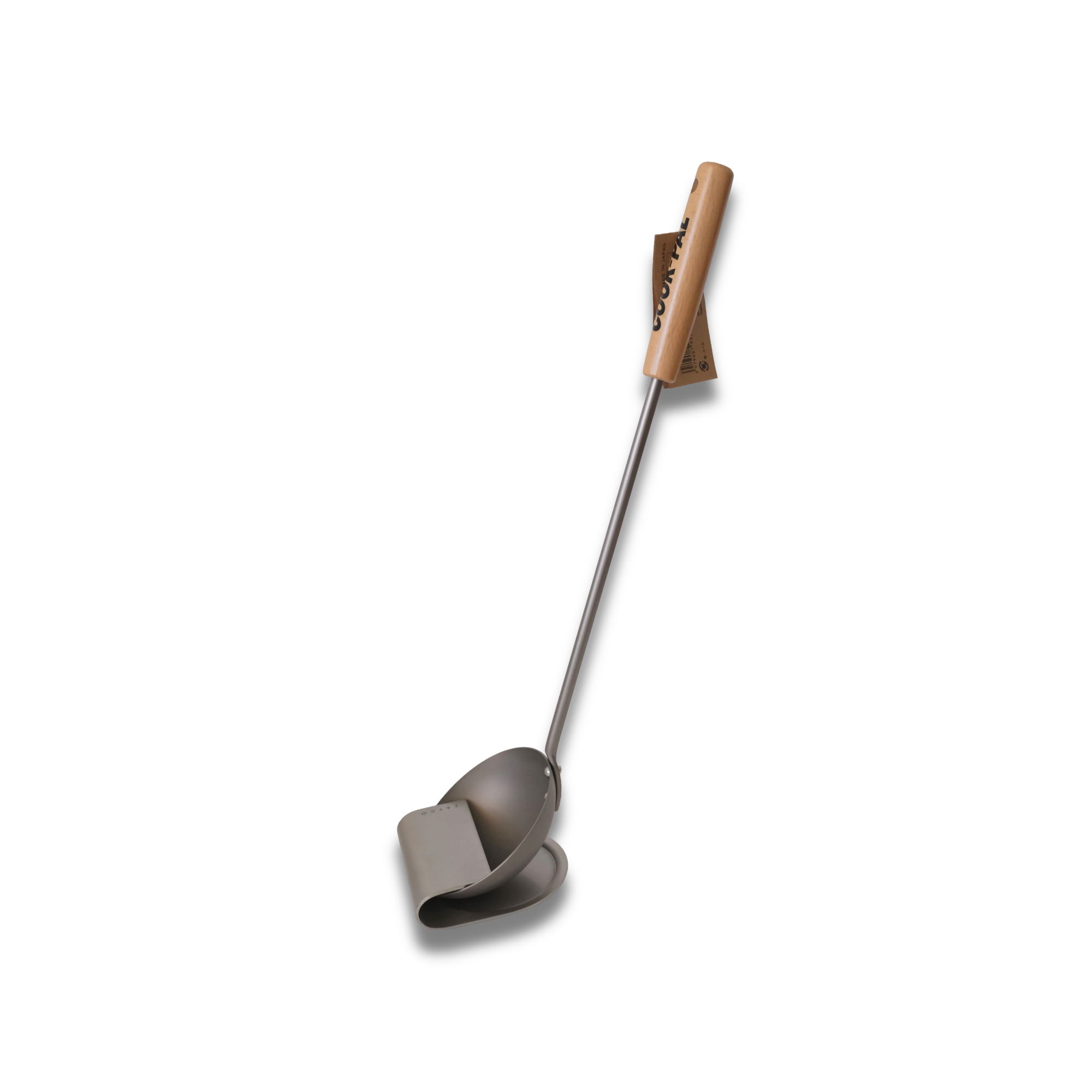 Yoshikawa Cook-Pal Chinese Titanium Ladle with Eatoco Oki stand, designed for precision cooking and minimalist kitchen organization.