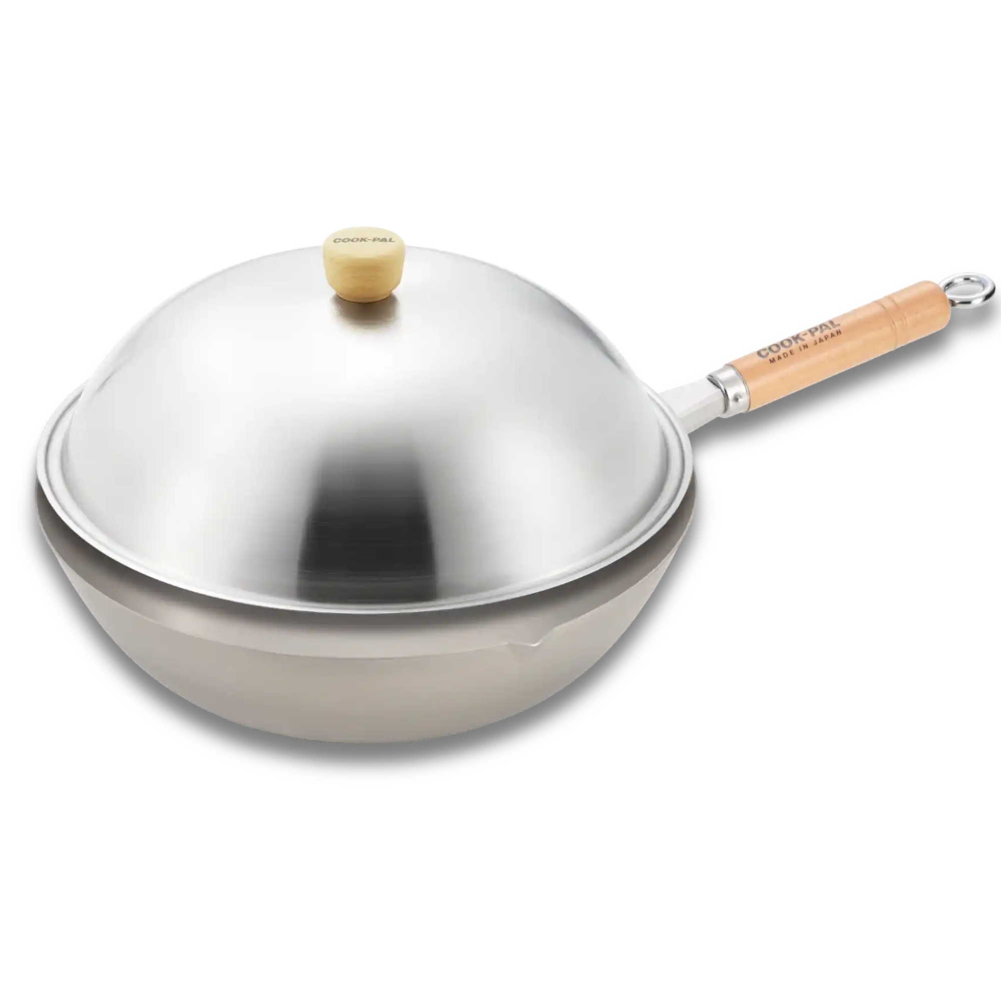 Titanium Wok by Yoshikawa with stainless steel lid and wooden handle, 36cm size, ideal for exceptional cooking.