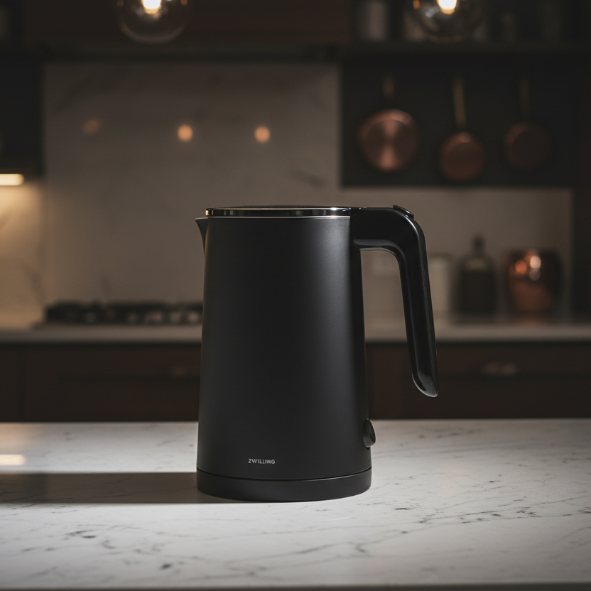 ZWILLING Enfinigy Compact Electric Kettle 1L in modern kitchen setting on a marble countertop.
