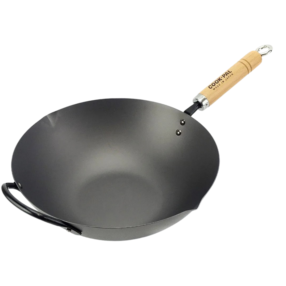 Black Yoshikawa Cook-Pal Ren Nitrided Carbon Steel Wok with a wooden handle on a white background