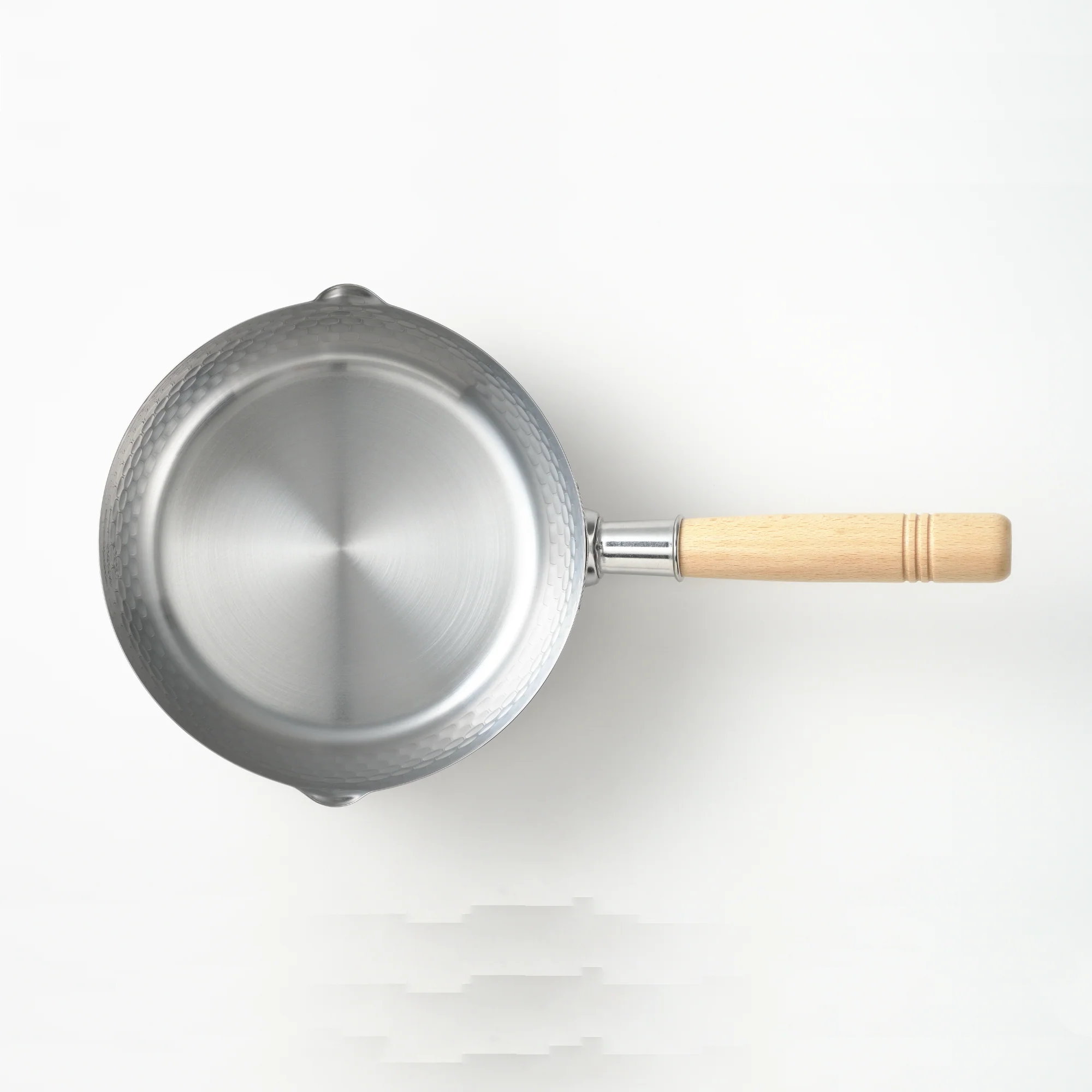Yoshikawa Yukihira Saucepan top view showing stainless steel body and wooden handle.