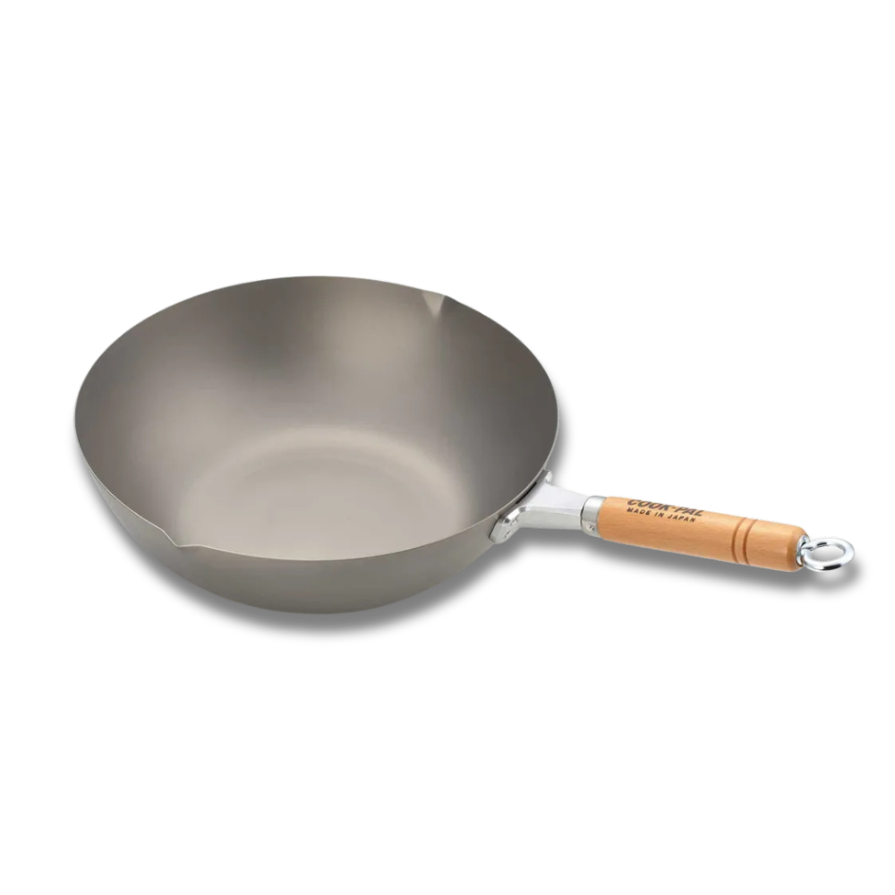 Silver wok with a wooden handle on a white background