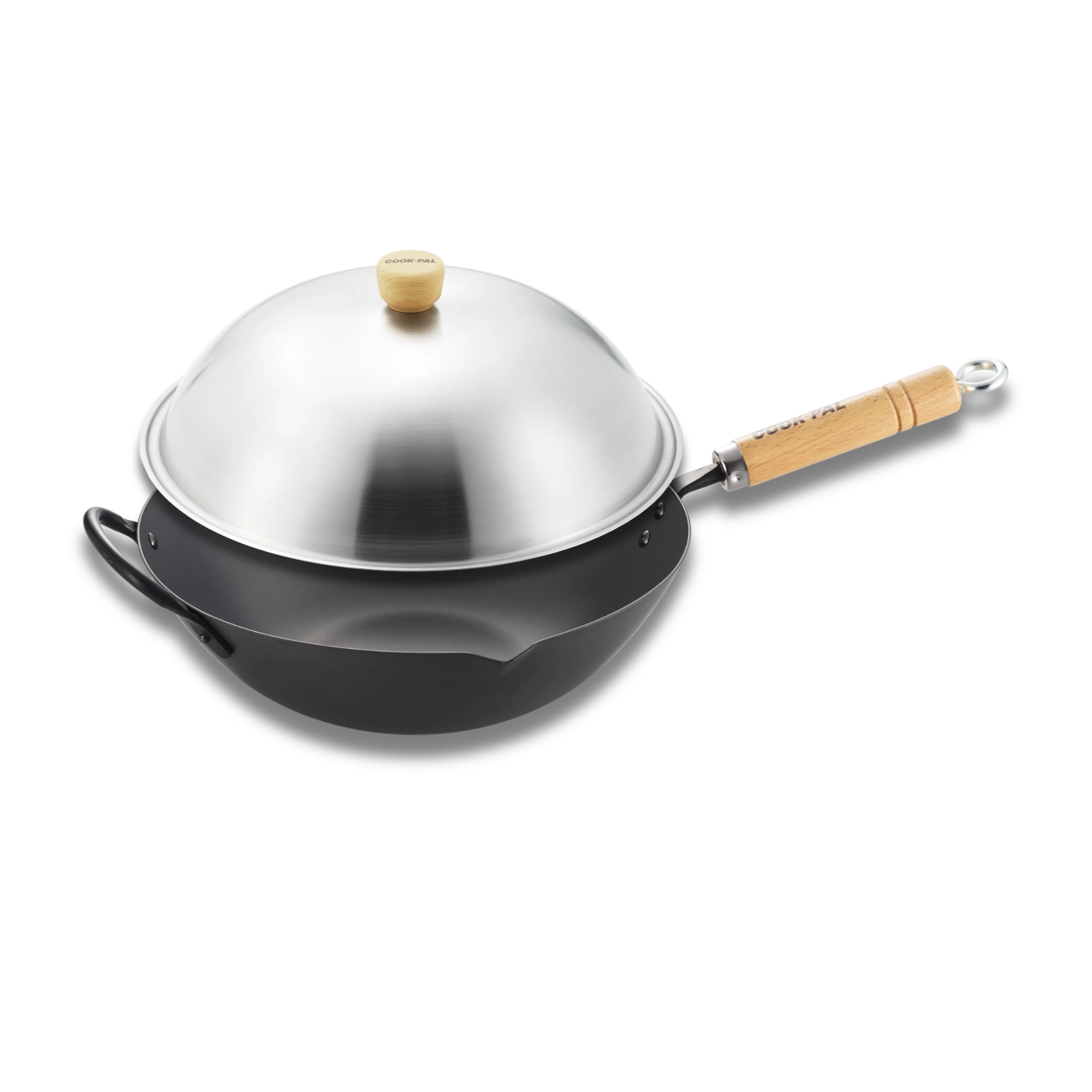 Yoshikawa Cook-Pal Ren 30cm Nitrided Carbon Steel Beijing Wok with Stainless Steel Lid Set