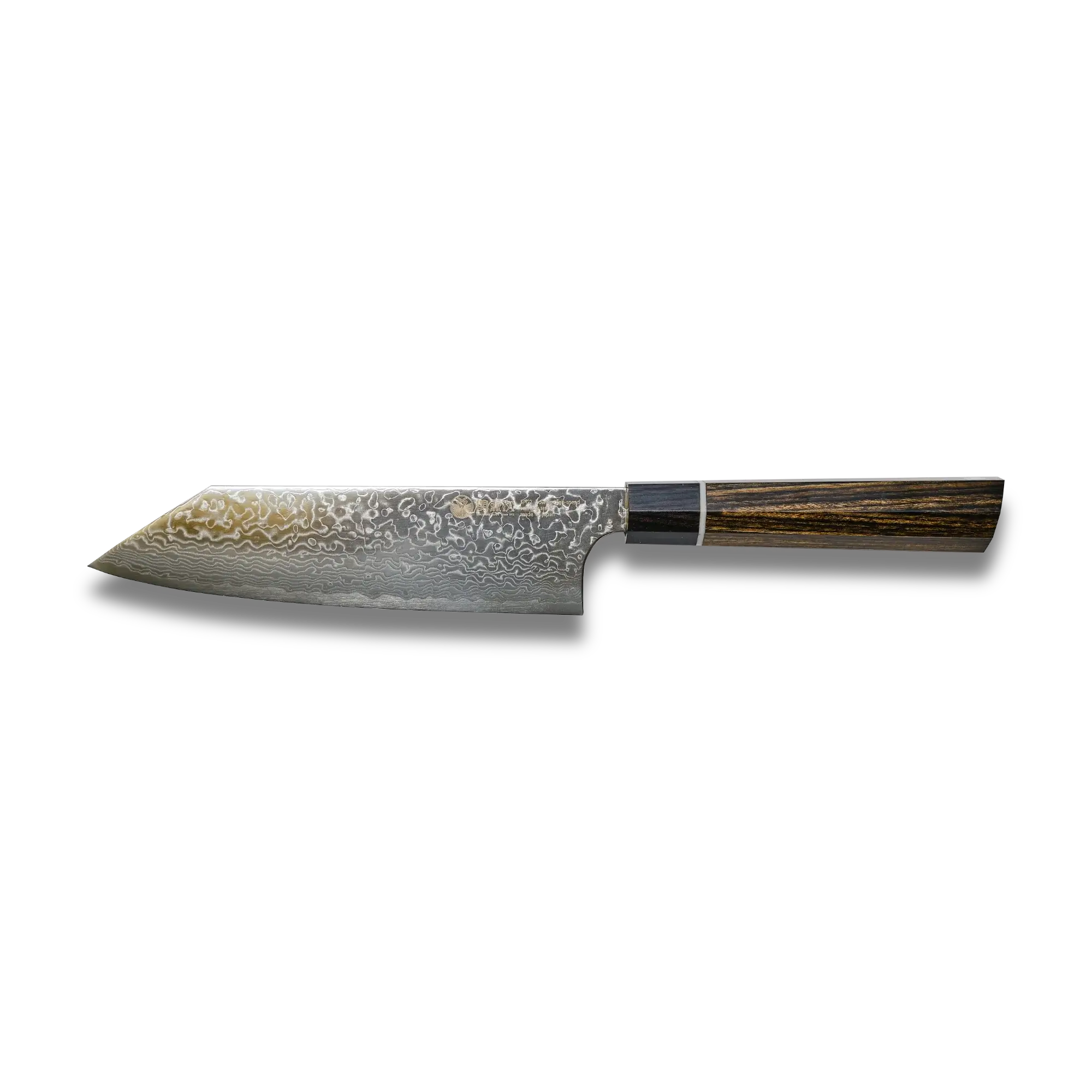 A Seki Kanetsugu Kiritsuke Santoku Knife with a Damascus finish on the blade and a brown handle, displayed against a black background.