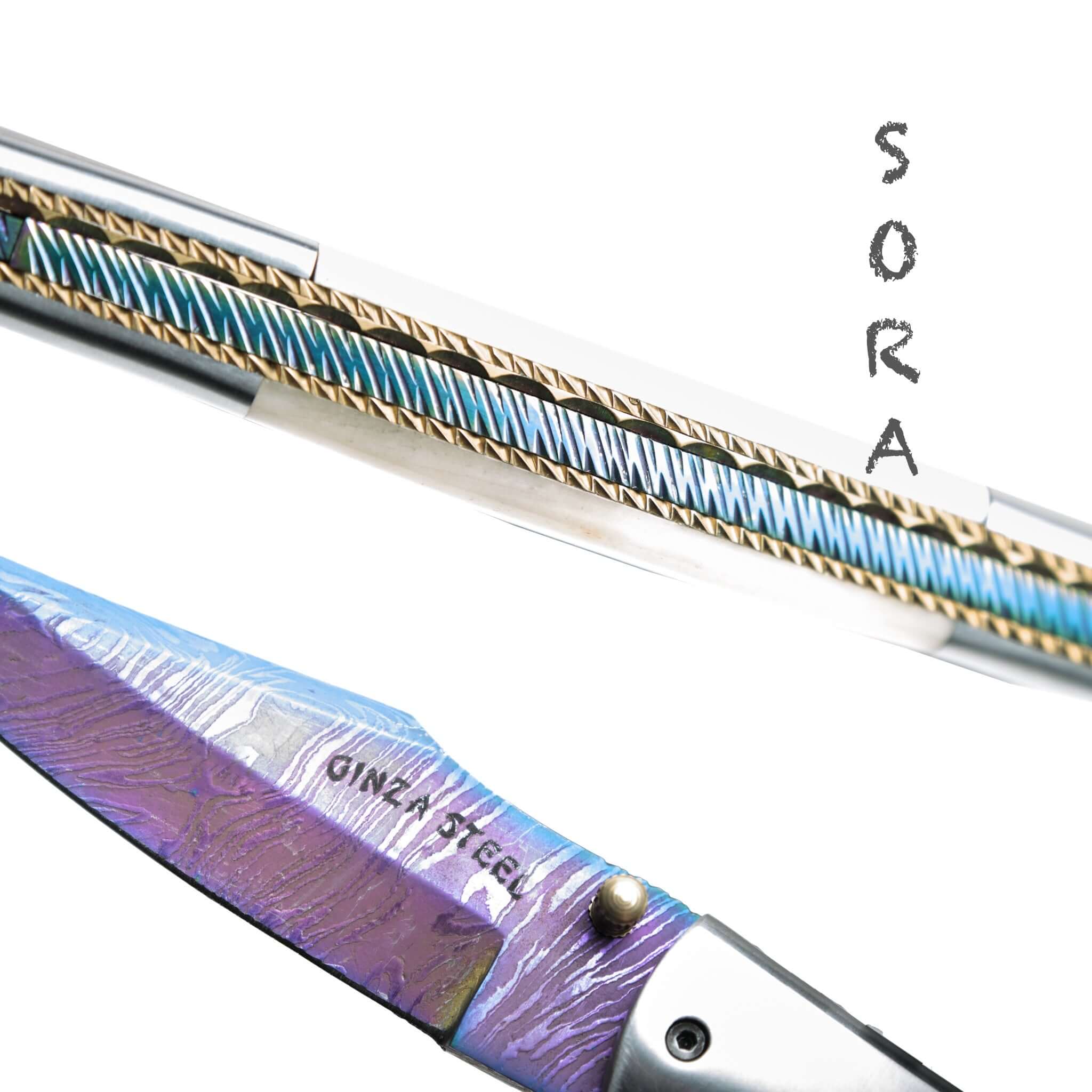 SORA Damascus Steel folding knife , Camel bone handle with Original leather case