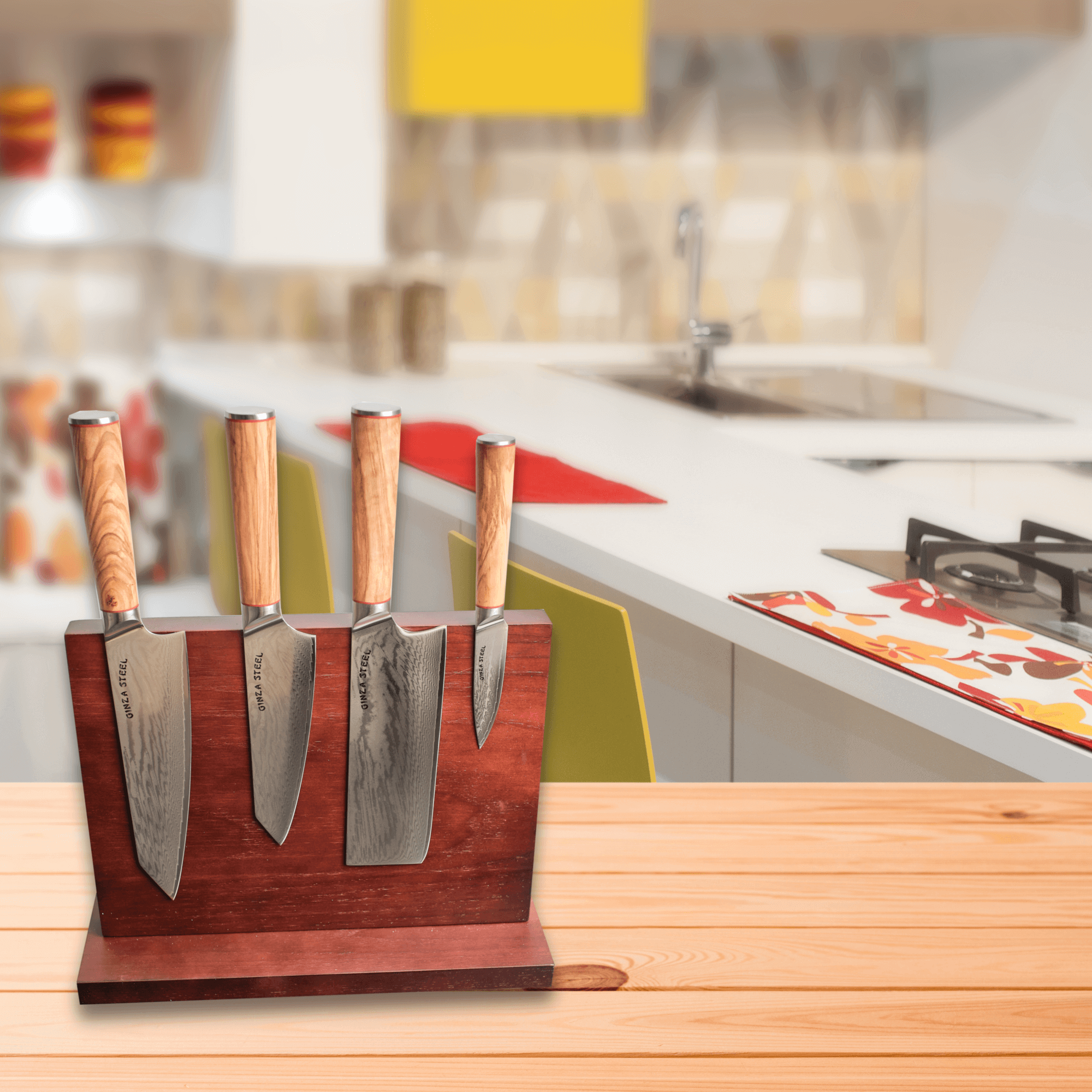 Ginza Steel KC Series MIA FIVE – 5-Piece Essential Knife Set with Magnetic Wood Block