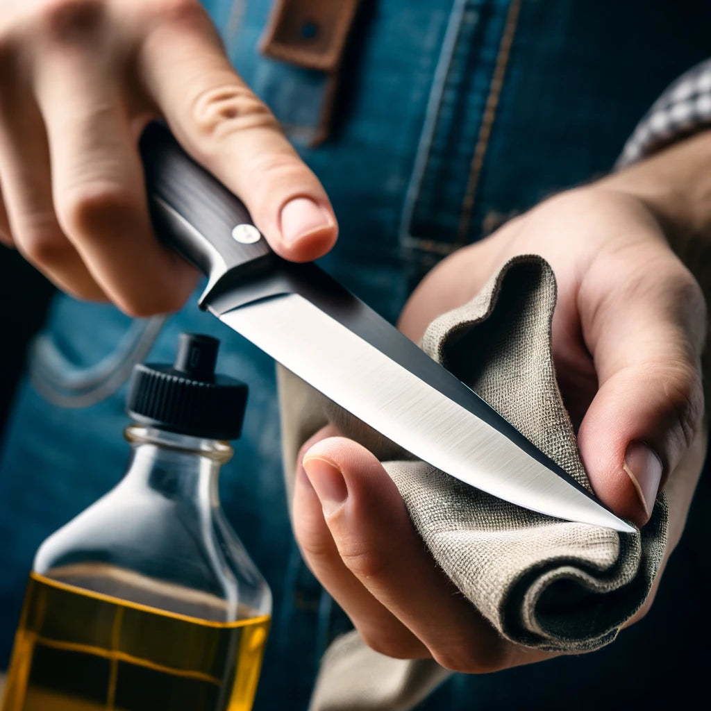 A person demonstrating Knife Care and Sharpening by cleaning a knife with a cloth and oil.