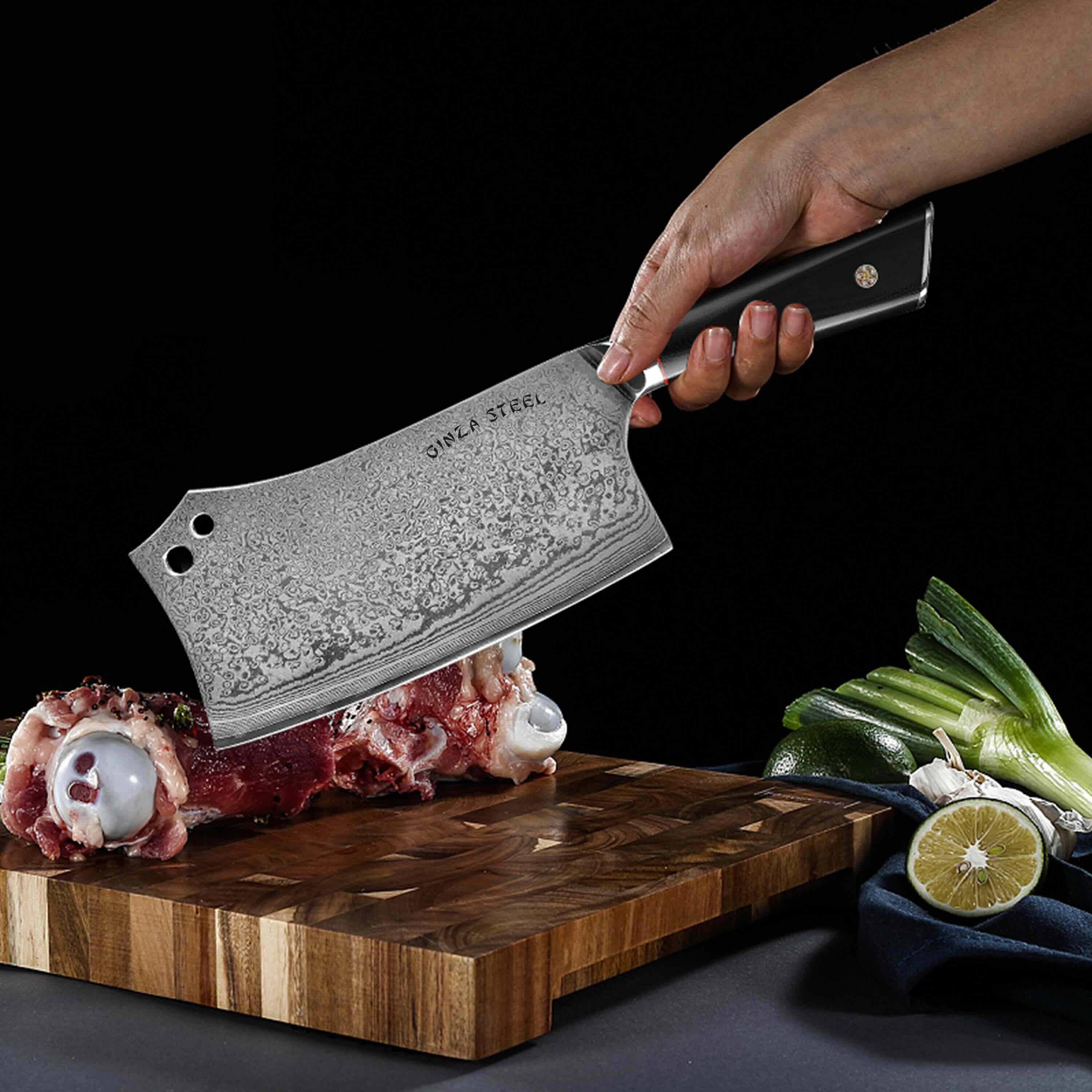 Cleavers & Choppers - A premium cleaver slicing through meat on a wood cutting board.