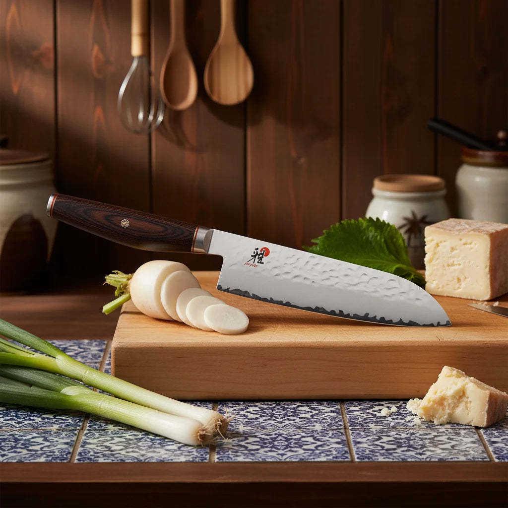 Miyabi 6000 MCT 7 Santoku Knife on a wooden cutting board with vegetables and cheese.