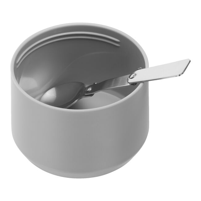 Open view of ZWILLING Thermo Food Jar 700ml in stainless steel, showcasing its interior with a spoon inside, designed for temperature retention.