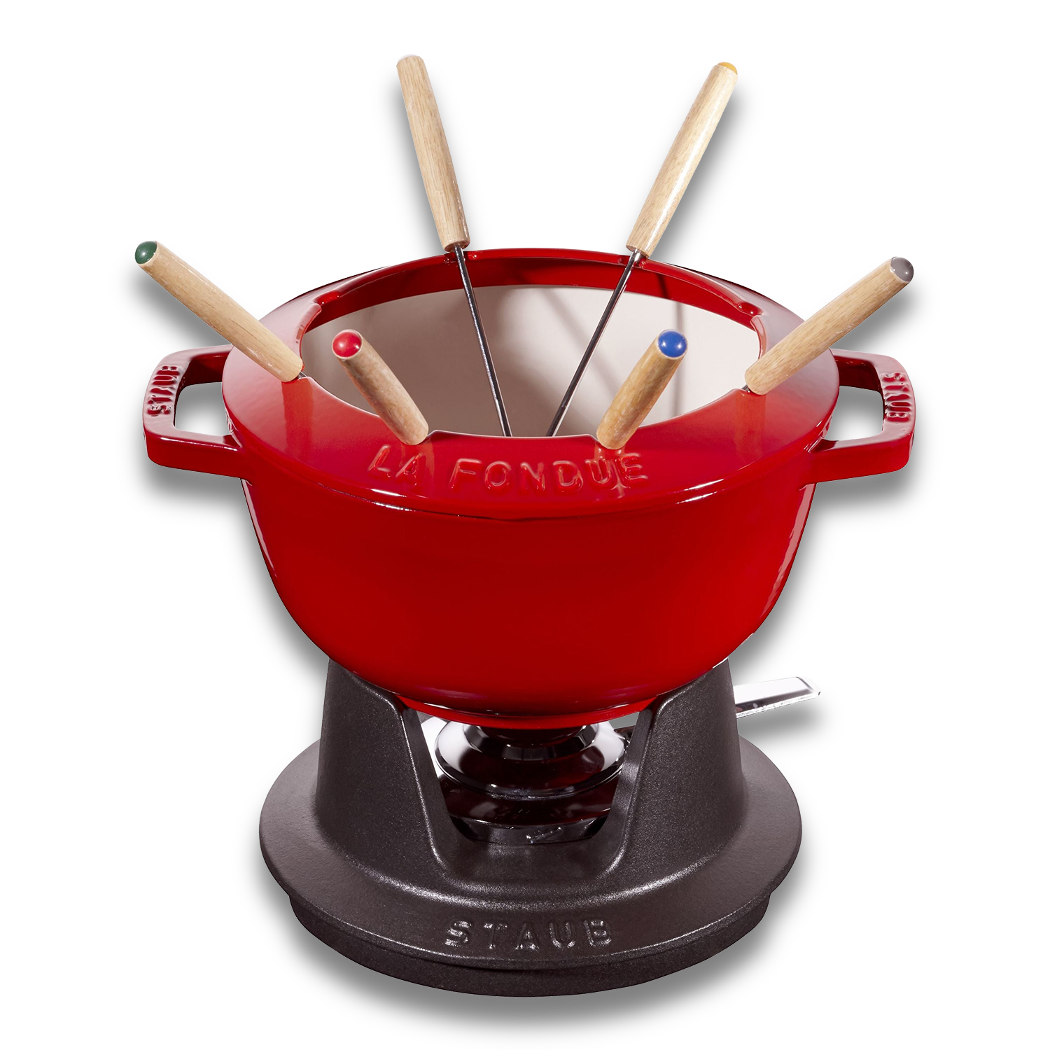 staub specialities cast iron fondue set, cherry red