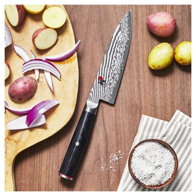 MIYABI Kaizen II 5000FCD 6-Inch Gyutoh Knife with veggies 