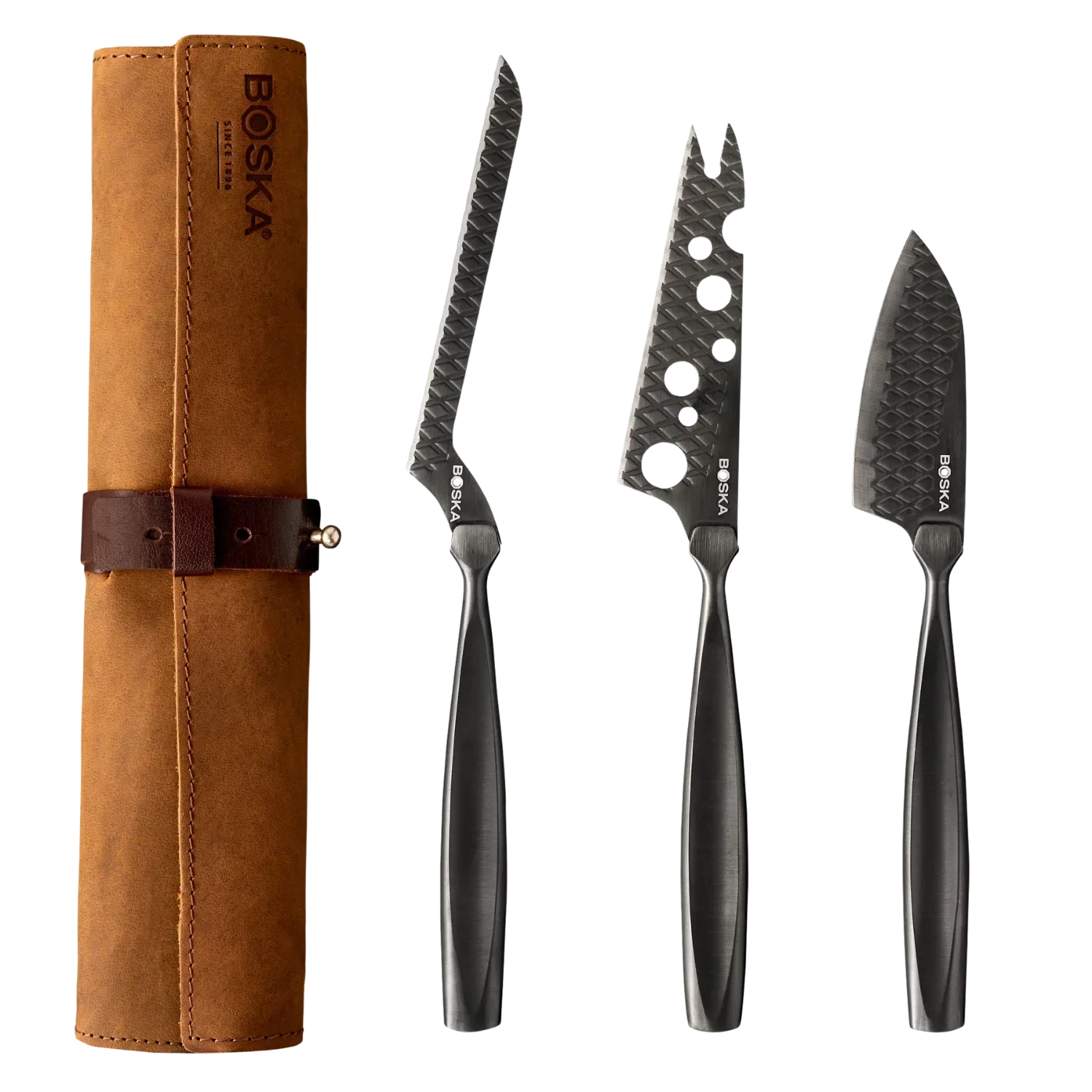 BOSKA Monaco+ 3-Piece Cheese Knife Set with Leather Roll