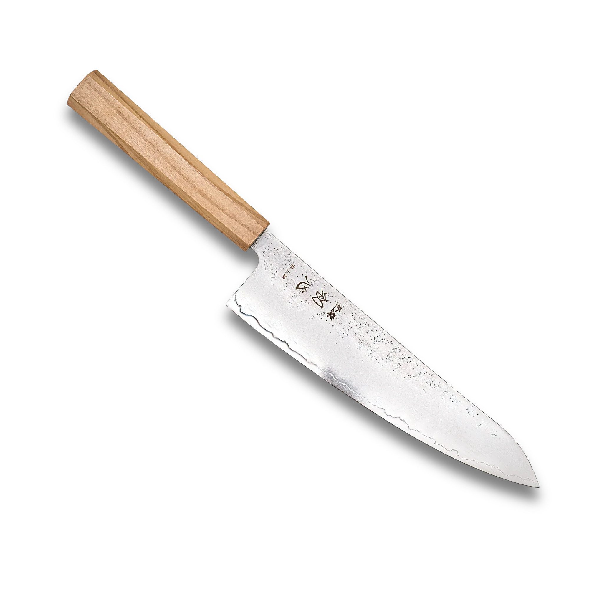 Ginrei Silver 3 Nashiji Gyuto Knife with olive wood handle, showcasing the blade and handle design.