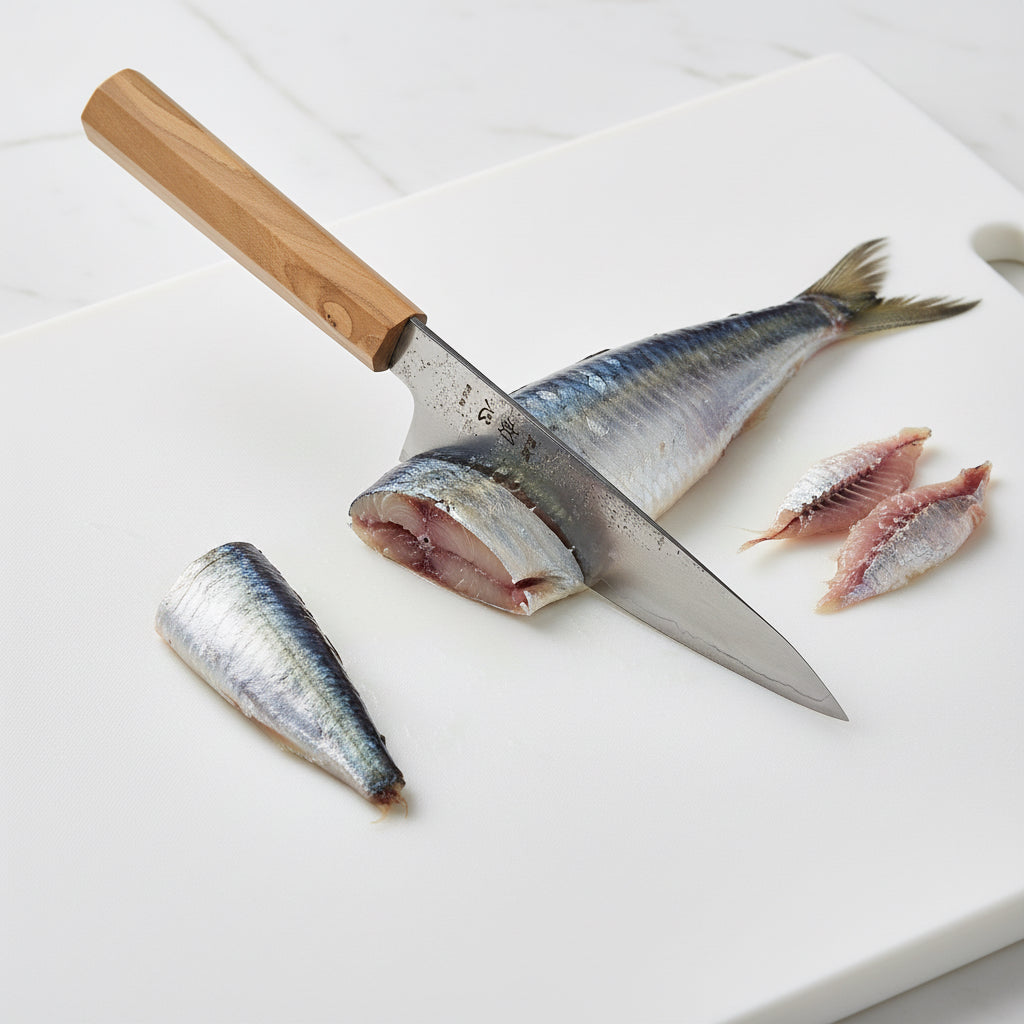 Ginrei Silver 3 Nashiji Kudamono Knife cutting fish on a white cutting board with olive wood handle.