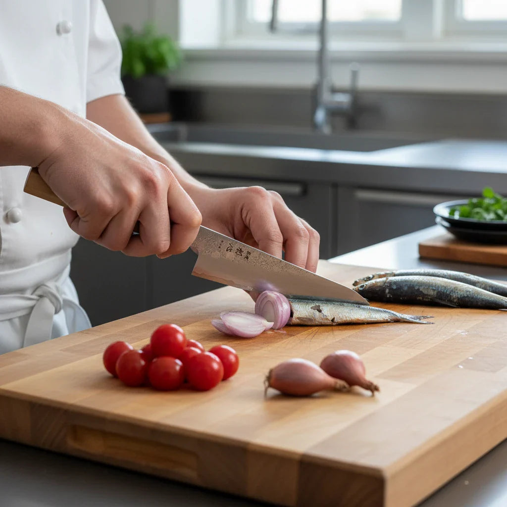 Person using Ginrei Silver 3 Nashiji Kudamono Knife for precision cutting of vegetables and fish in a kitchen setting.