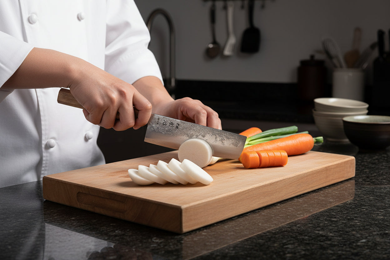 Knife with wooden handle on a white background